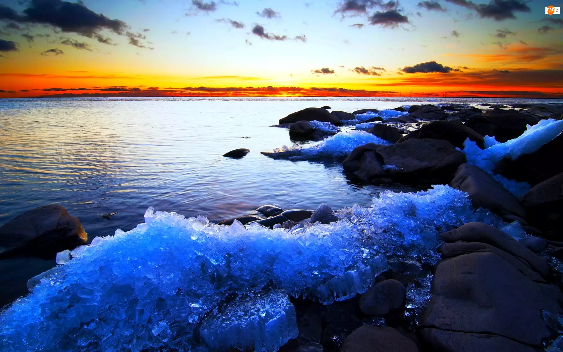 Morze, Zachód Słońca, Kamienie, Lód