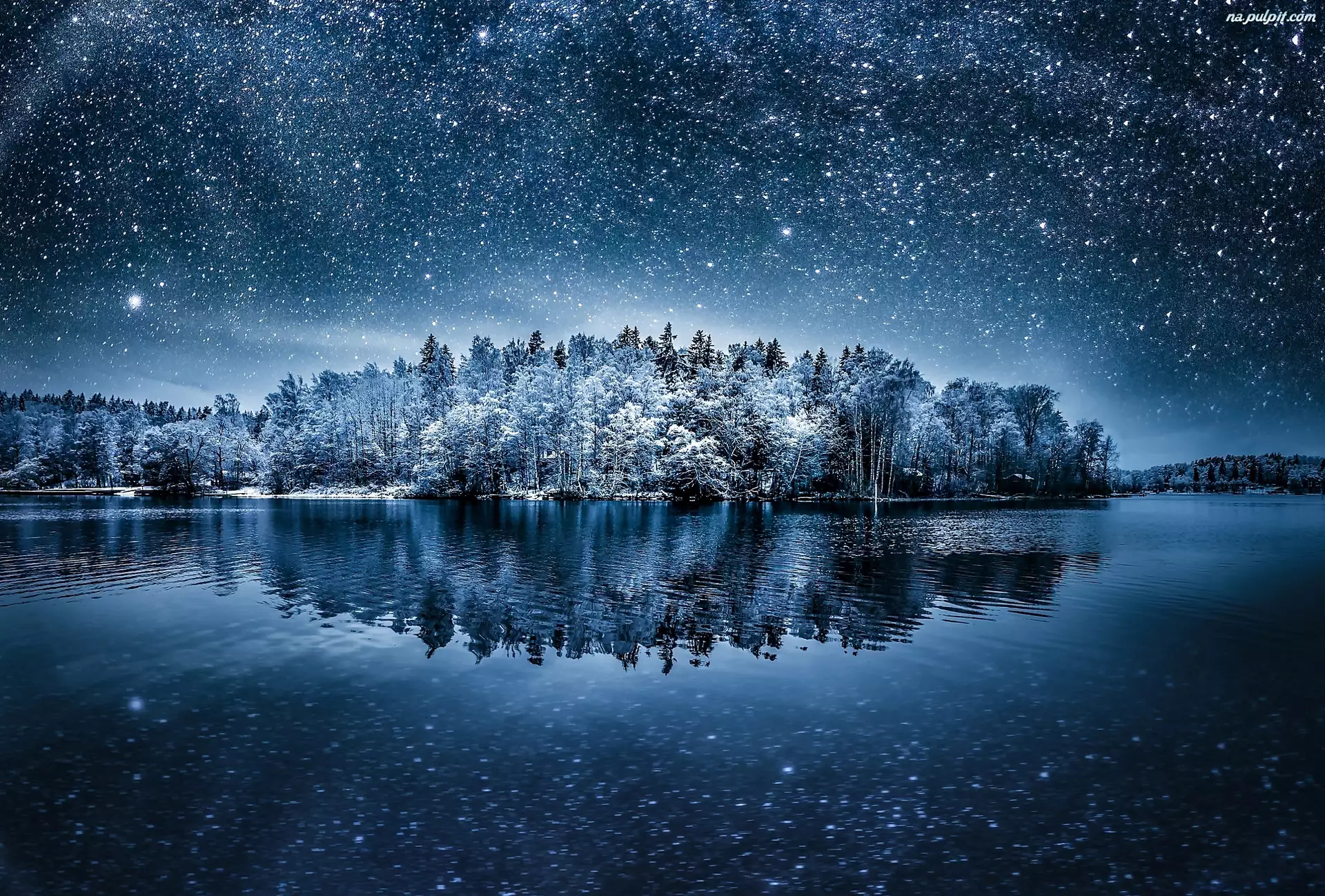 Rzeka, Zima, Niebo, Gwiazdy, Drzewa, Noc