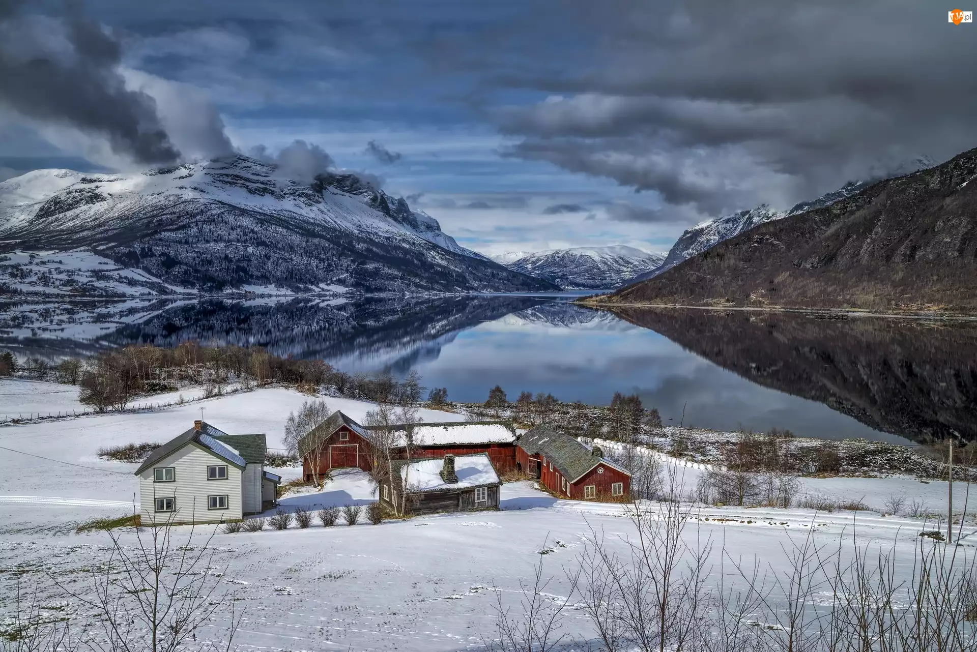 Śnieg, Zima, Domy, Valdres, Góry, Drzewa, Norwegia, Jezioro