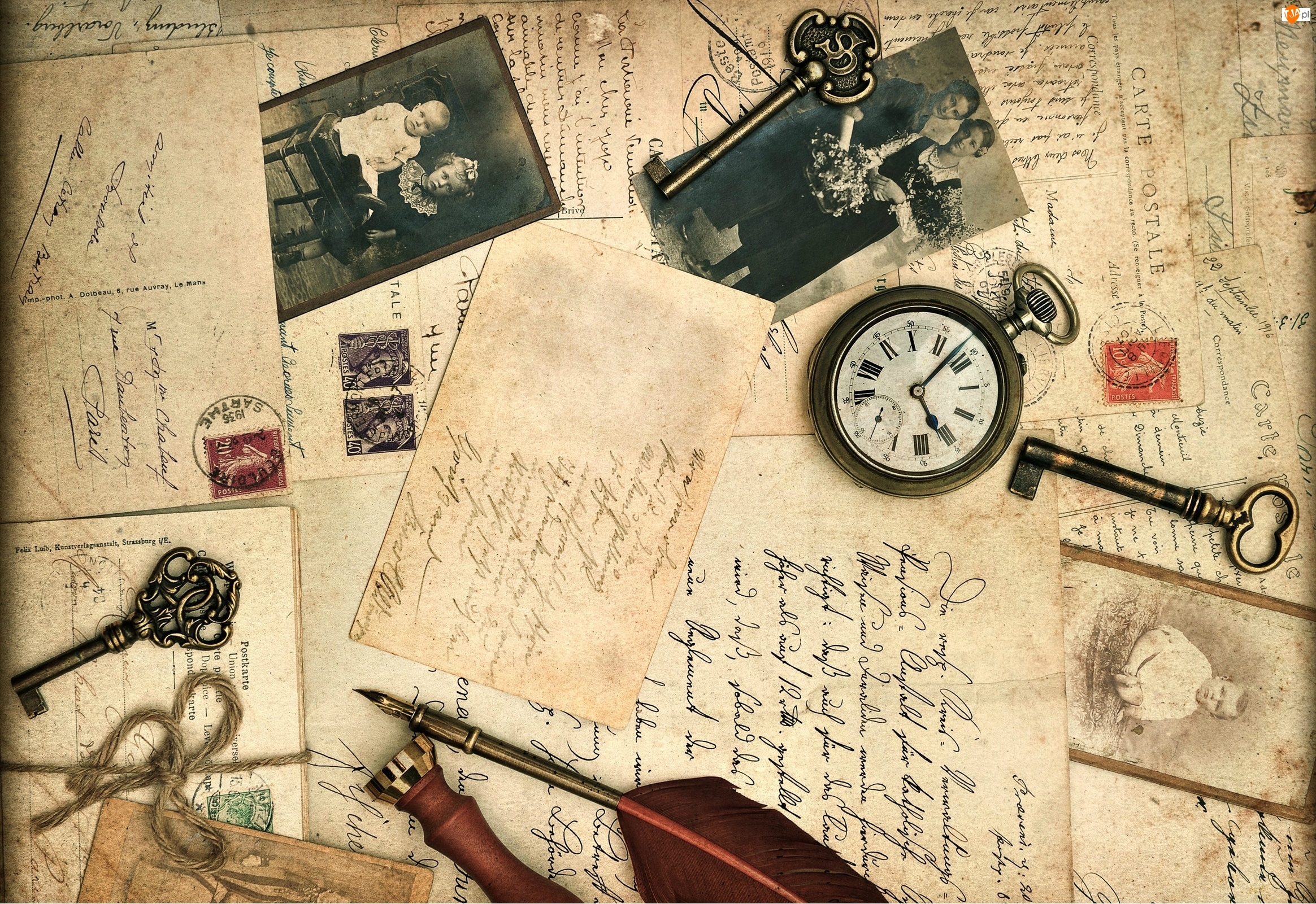 Klucze, Vintage, Zegarek Kieszonkowy, Listy, Pióra