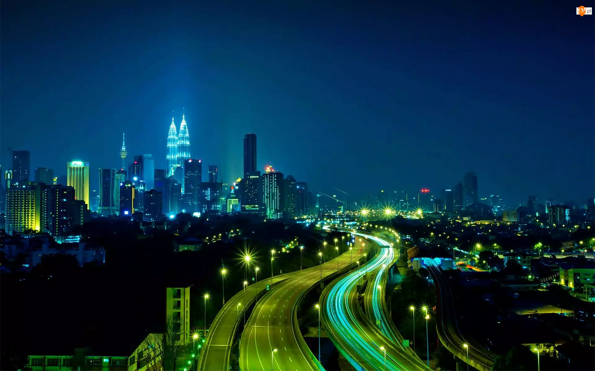 Nocna, Kuala Lumpur, Petronas Towers, Drapacze Chmur, Panorama