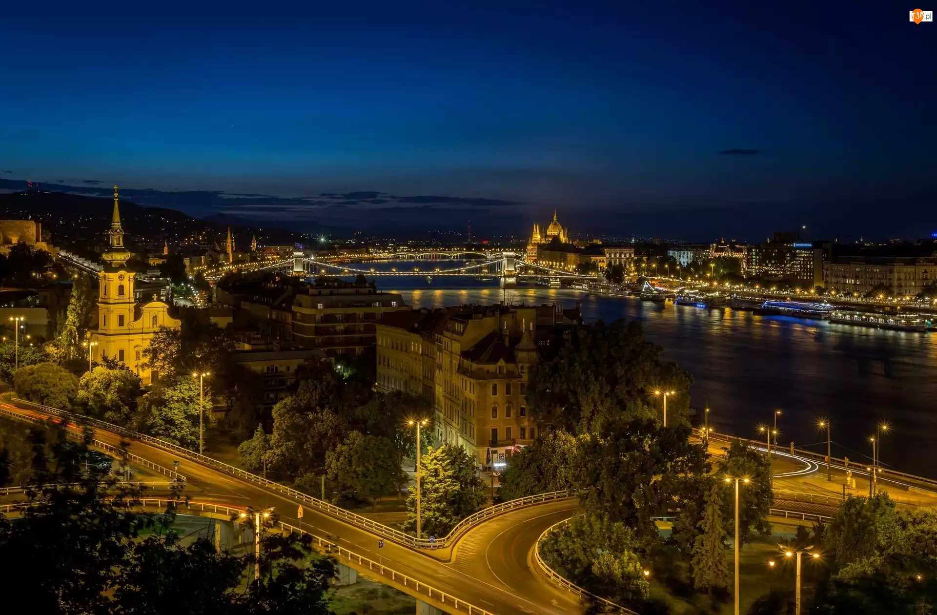 Nocą, Rzeka, Węgry, Miasto, Budapeszt, Most, Domy