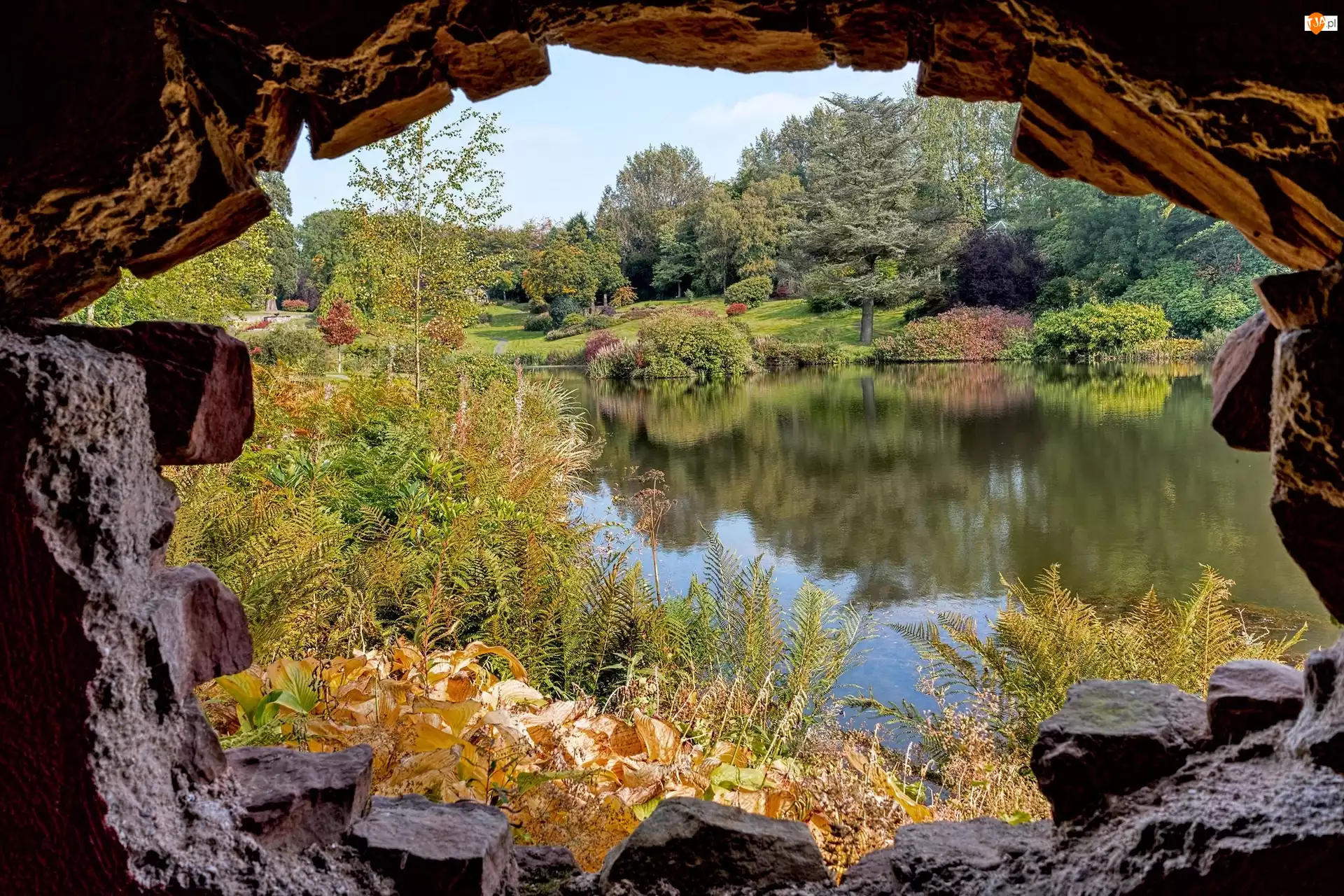 Park, Mur, Krzewy, Rzeka