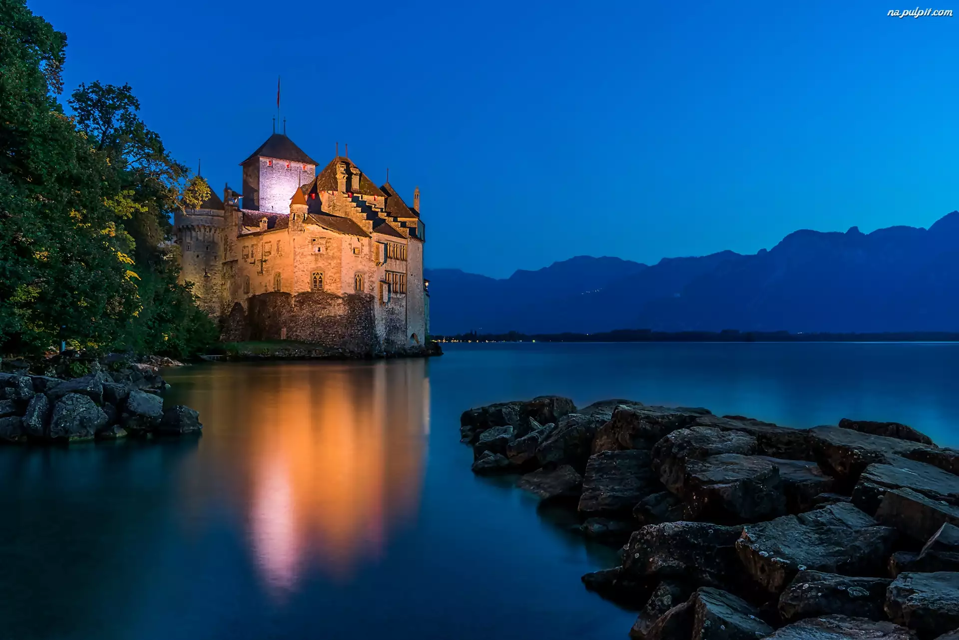 Jezioro Genewskie, Noc, Szwajcaria, Zamek Chillon, Kamienie