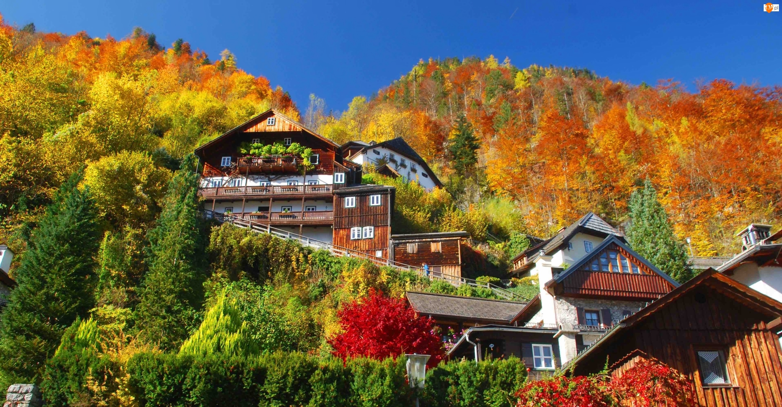 Domy, Jesień, Miasteczko Hallstatt, Austria, Góra