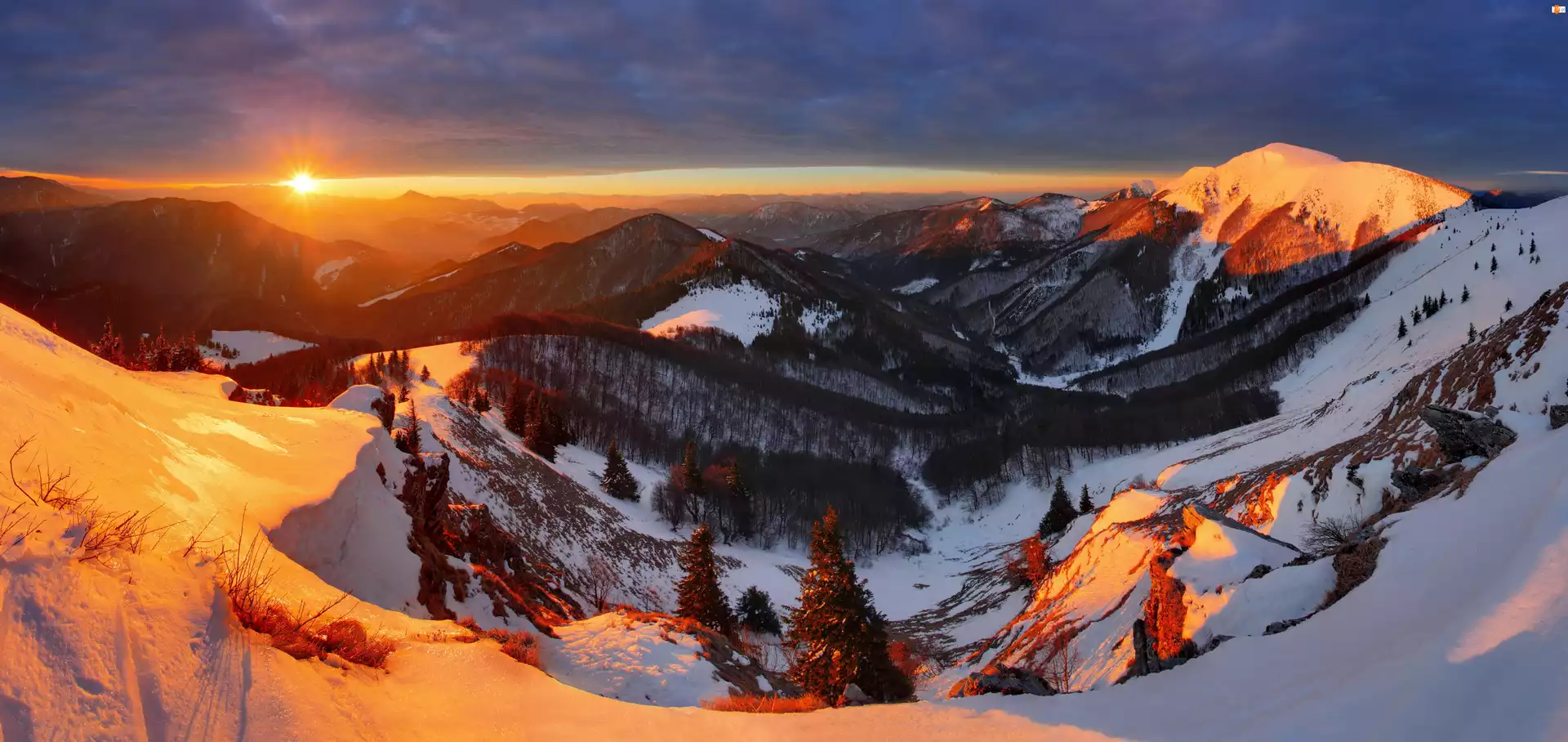Zima, Panorama, Góry, Zachód słońca