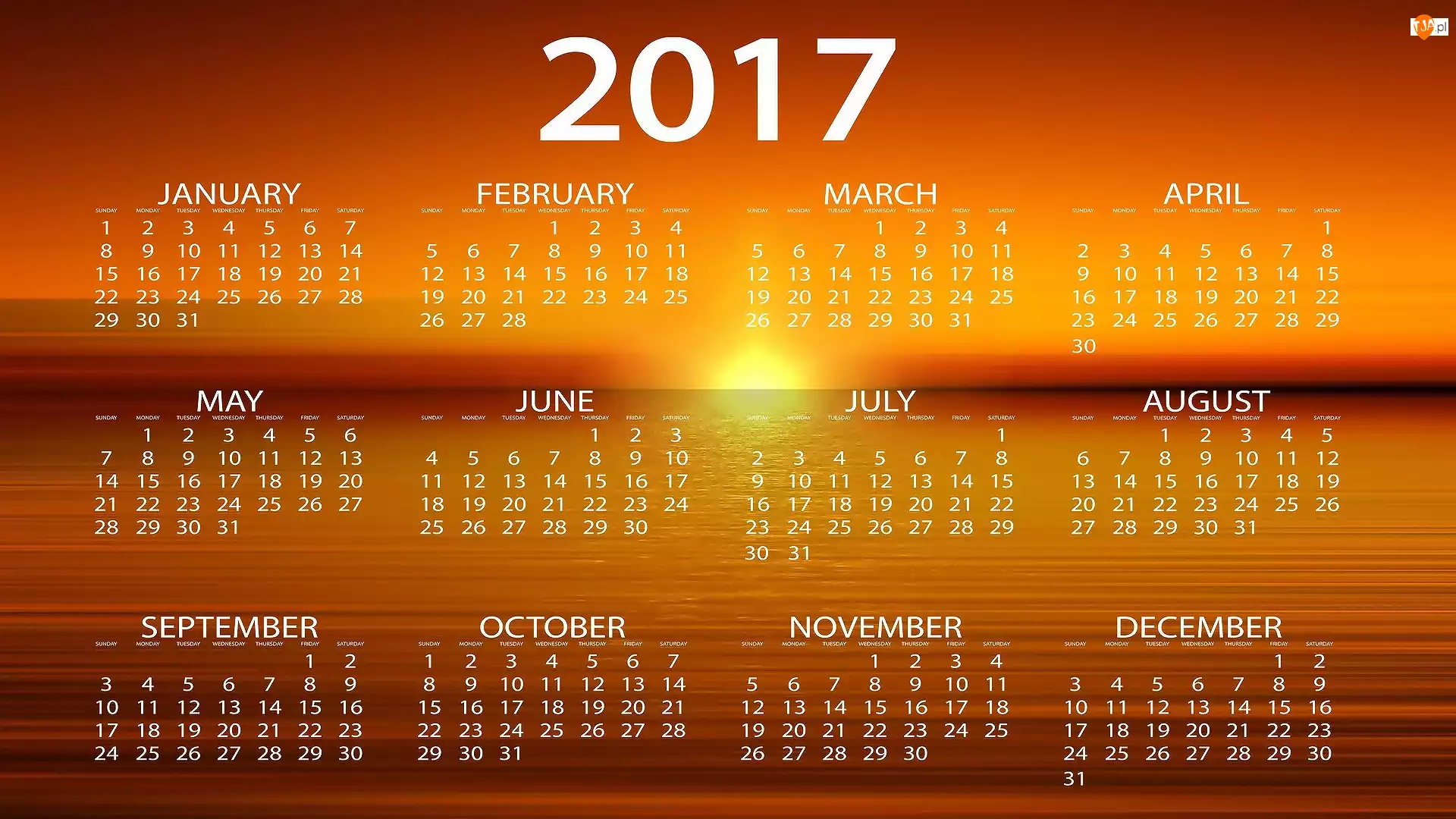 2017, Zachód słońca, Kalendarz