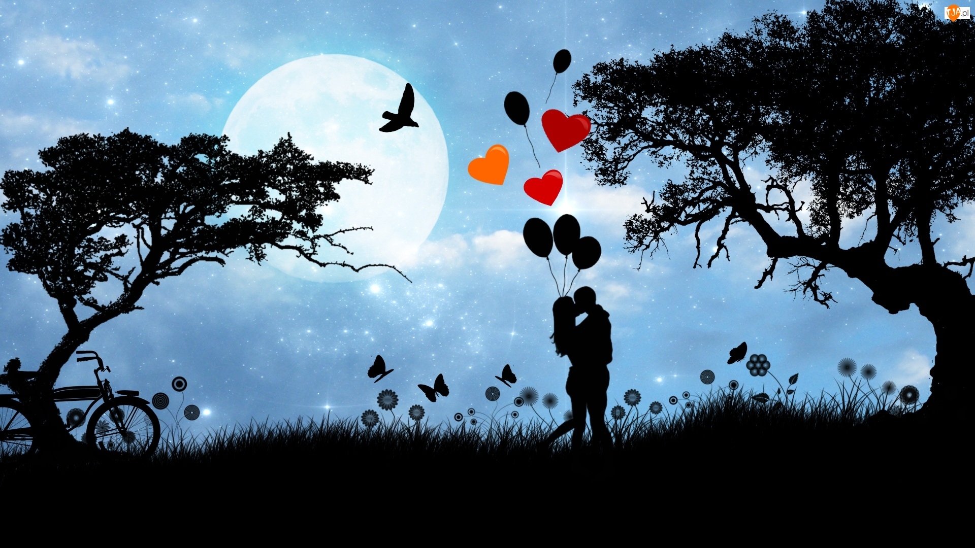 Balony, Drzewa, Zakochani, Księżyc, Serca, Miłość