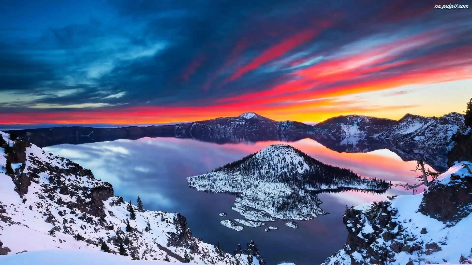Jezioro Kraterowe, Zachód słońca, Stany Zjednoczone, Zima, Stan Oregon, Wyspa Czarodzieja