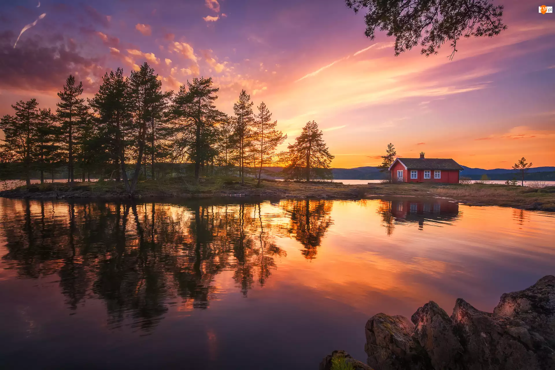 Zachód słońca, Norwegia, Jezioro Vaeleren, Ringerike, Drzewa