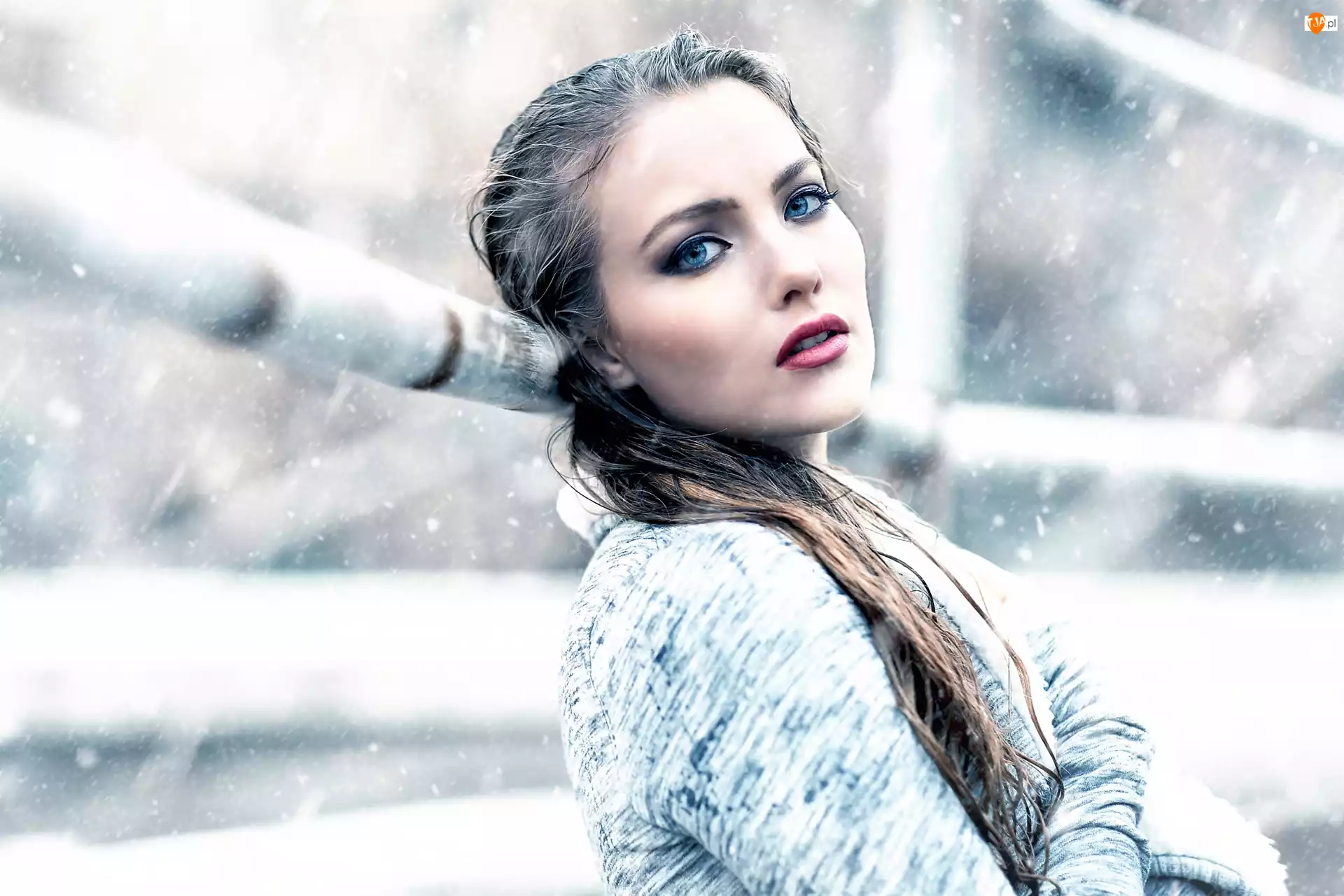 Śnieg, Kobieta, Makijaż, Padający