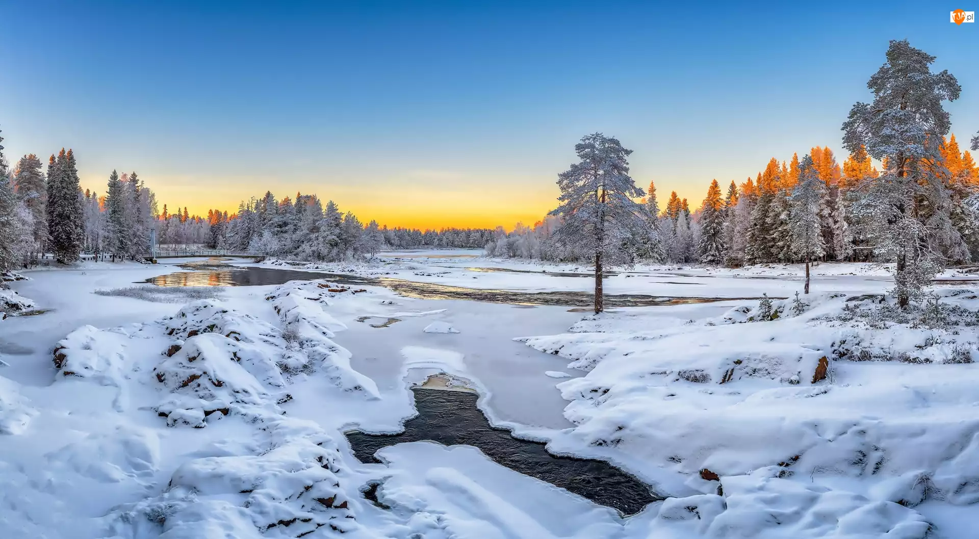 Zima, Finlandia, Rzeka, Prowincja Oulu, Wschód słońca
