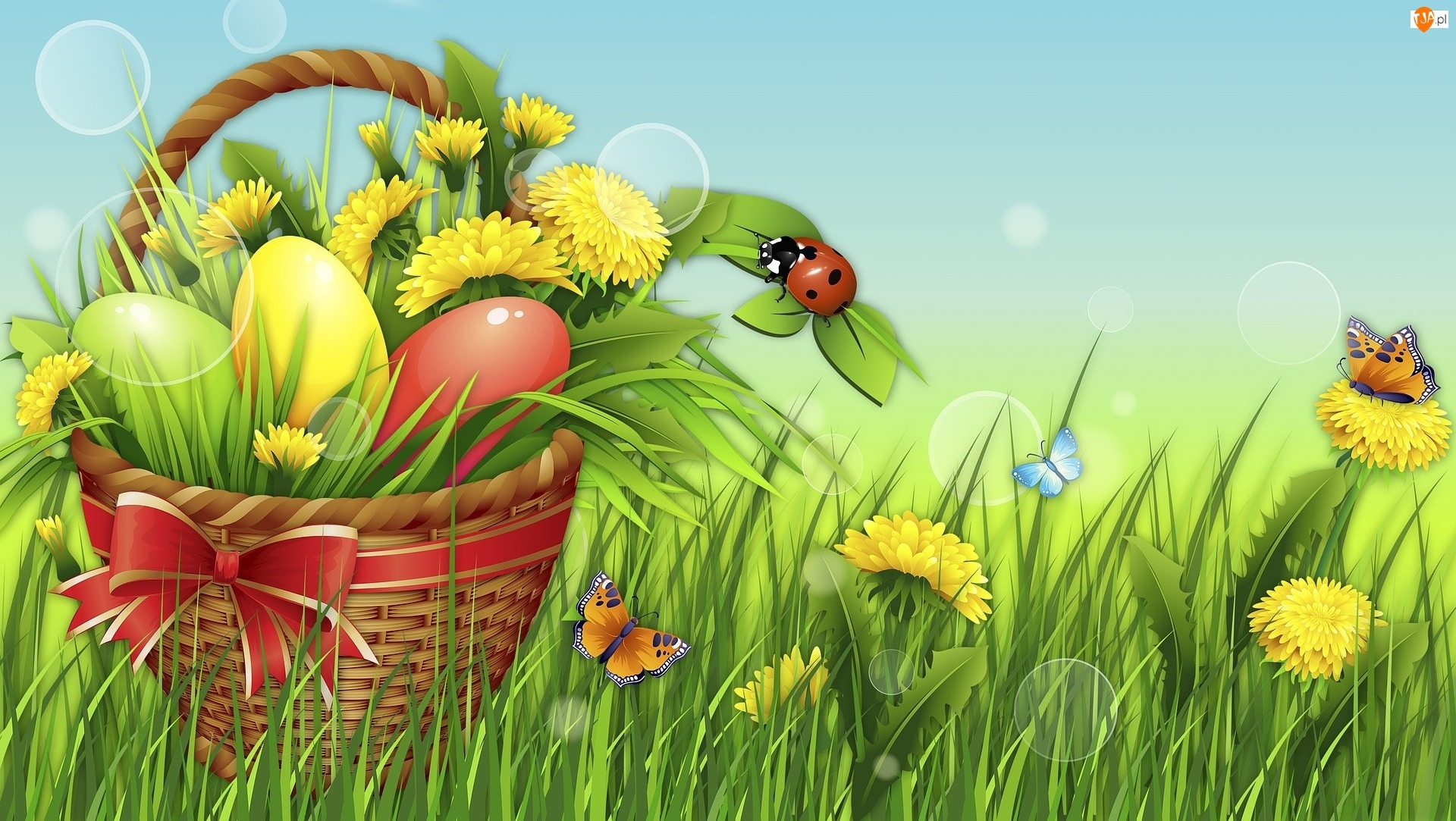 Wielkanoc, Grafika 2D, Kwiaty, Pisanki, Trawa, Koszyk
