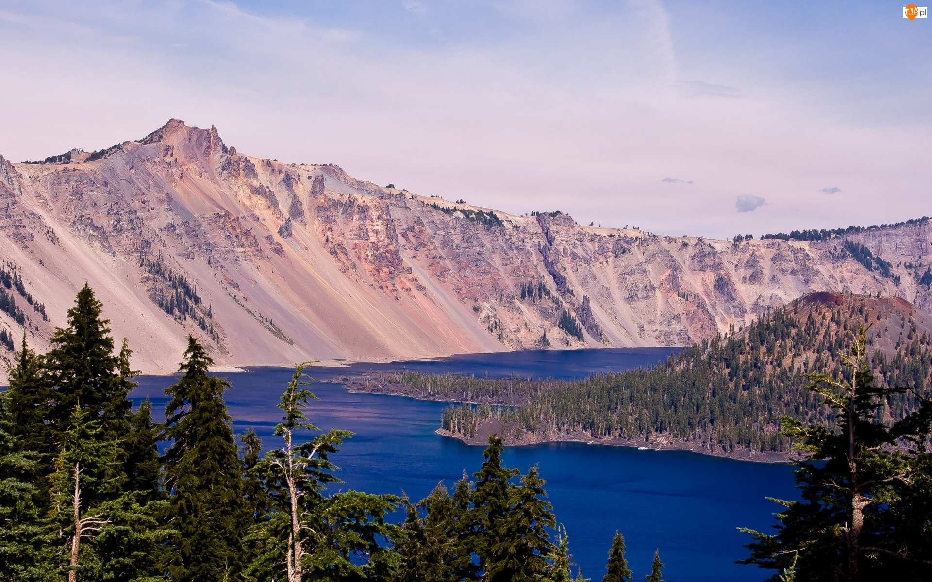 Góry, Drzewa, Stany Zjednoczone, Wyspa Czarodzieja, Stan Oregon, Jezioro Kraterowe