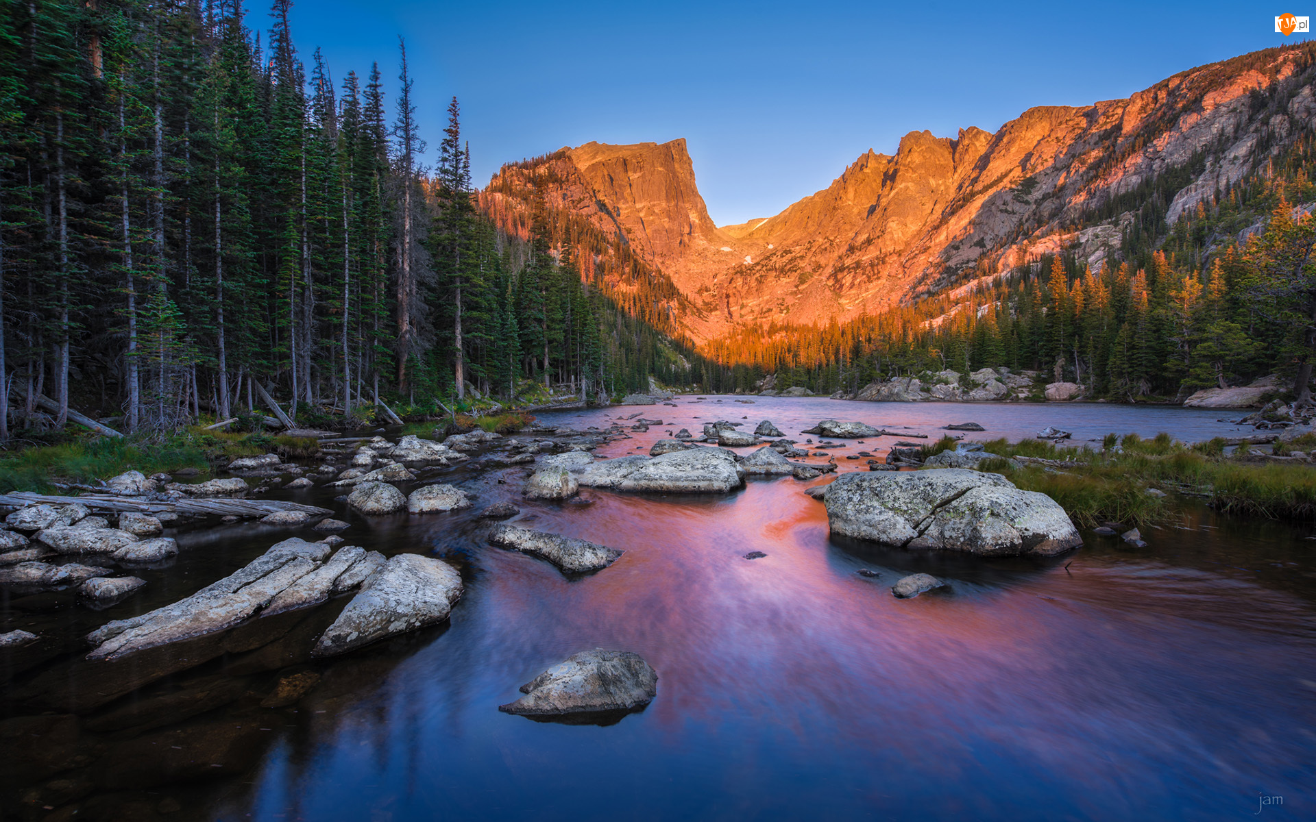 Góry, Jezioro Dream Lake, Stan Kolorado, Drzewa, Stany Zjednoczone, Las, Park Narodowy Gór Skalistych, Kamienie