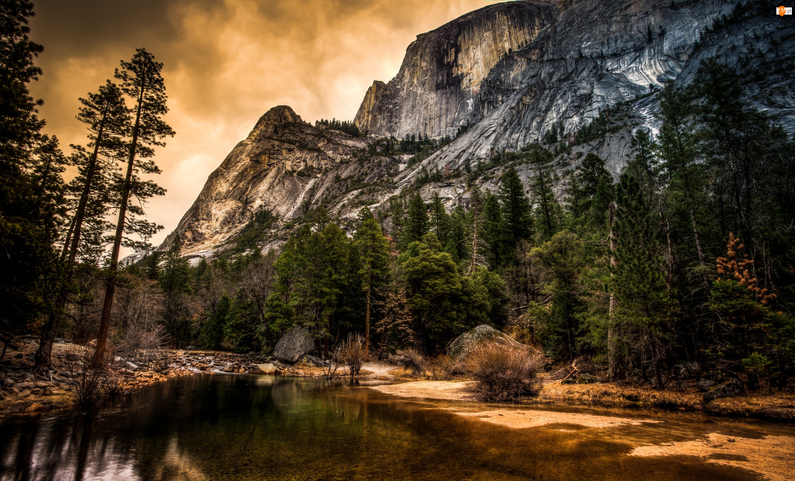 Stan Kalifornia, Stany Zjednoczone, Rzeka, Drzewa, Park Narodowy Yosemite, Góry