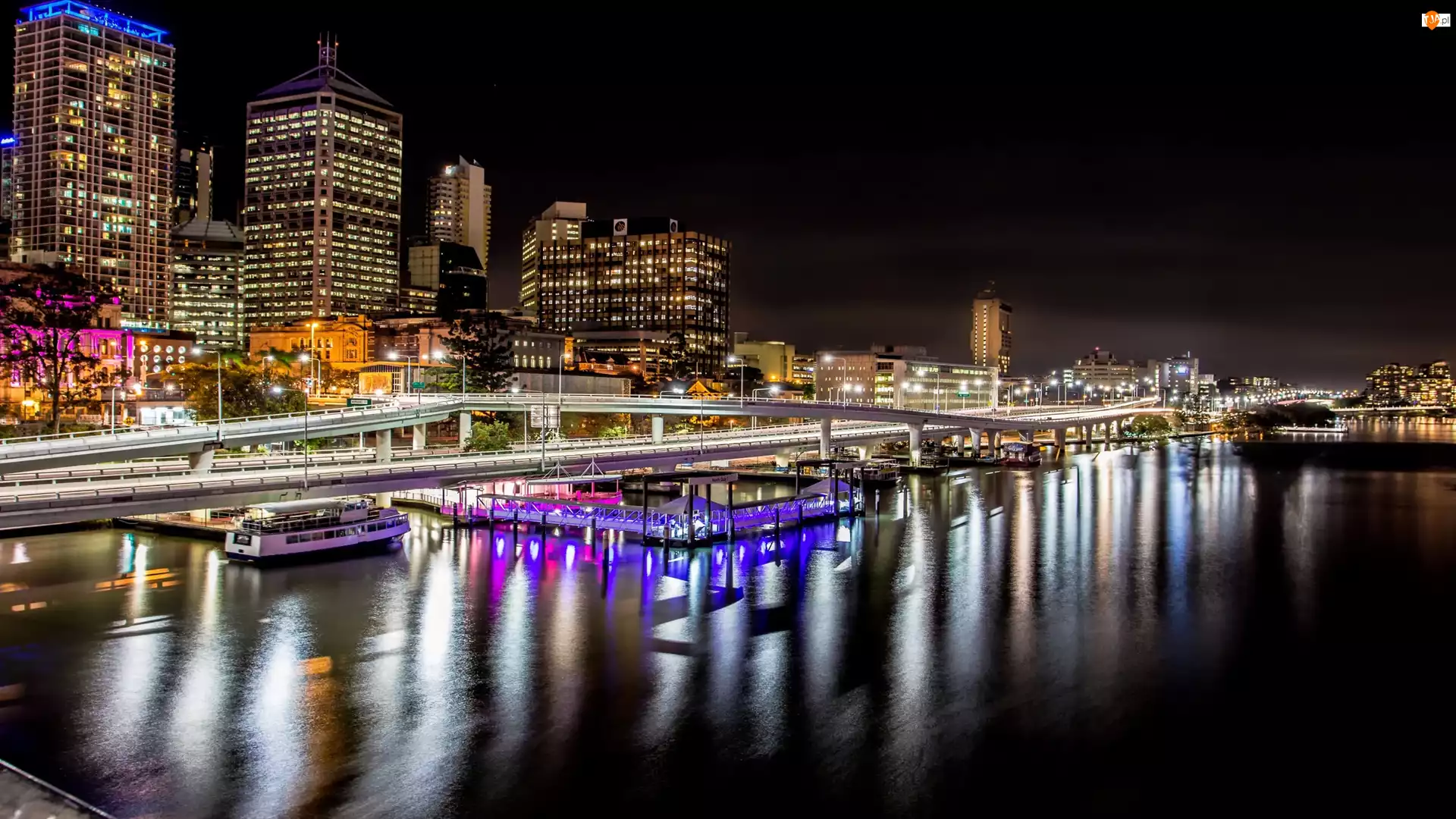 Miasto nocą, Australia, Domy, Rzeka Brisbane, Most