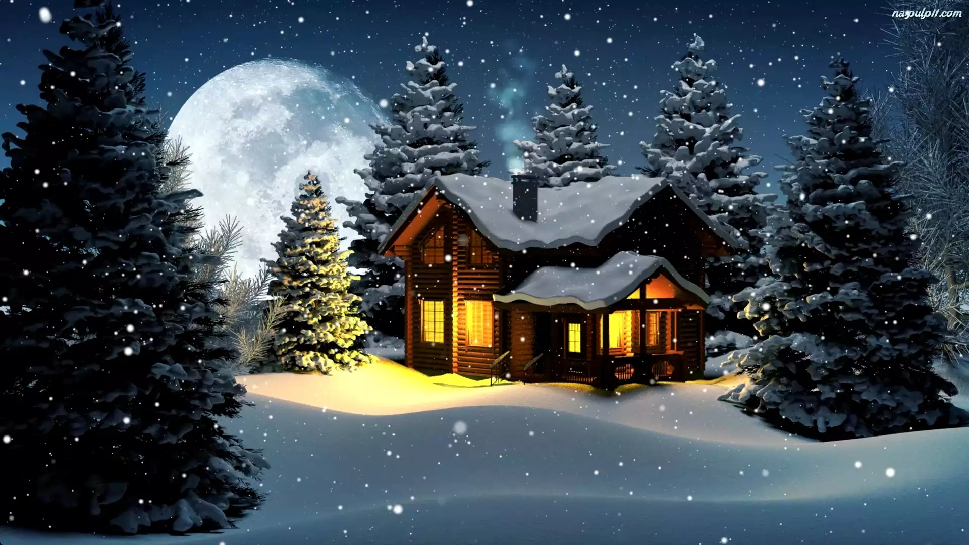 Śnieg, Zima, Dom, Drzewa, Księżyc