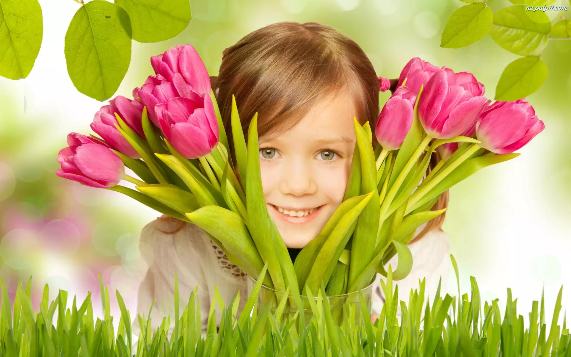 Różowe, Dziewczynka, Bukiet, Kwiaty, Tulipany