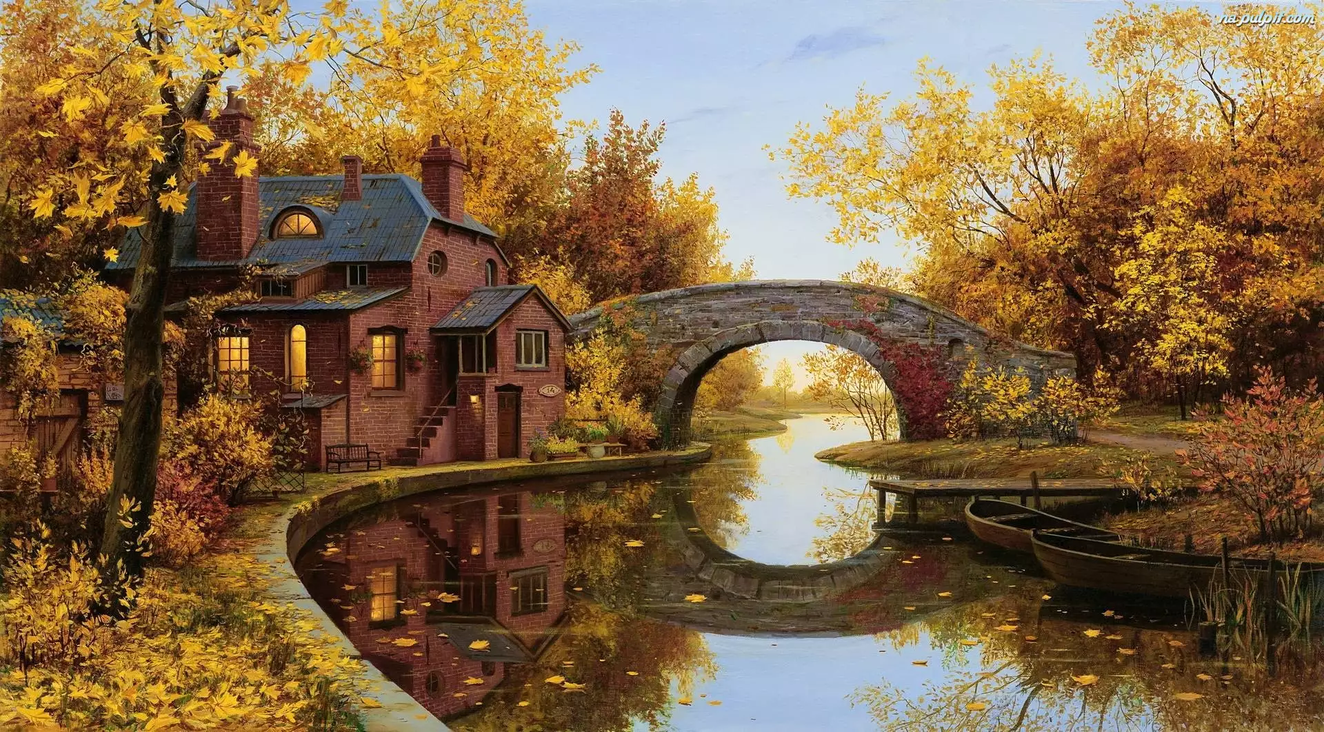 Jesień, Rzeka, Dom, Most, Drzewa