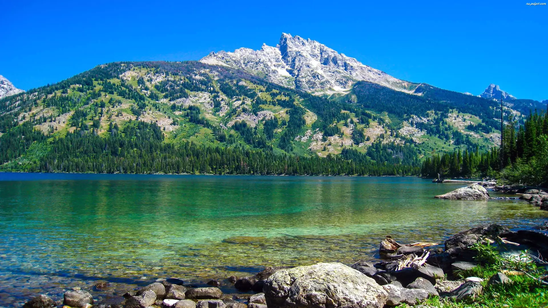 Stan Wyoming, Stany Zjednoczone, Góry Teewinot Mountain, Kamienie, Park Narodowy Grand Teton, Jezioro Jenny Lake