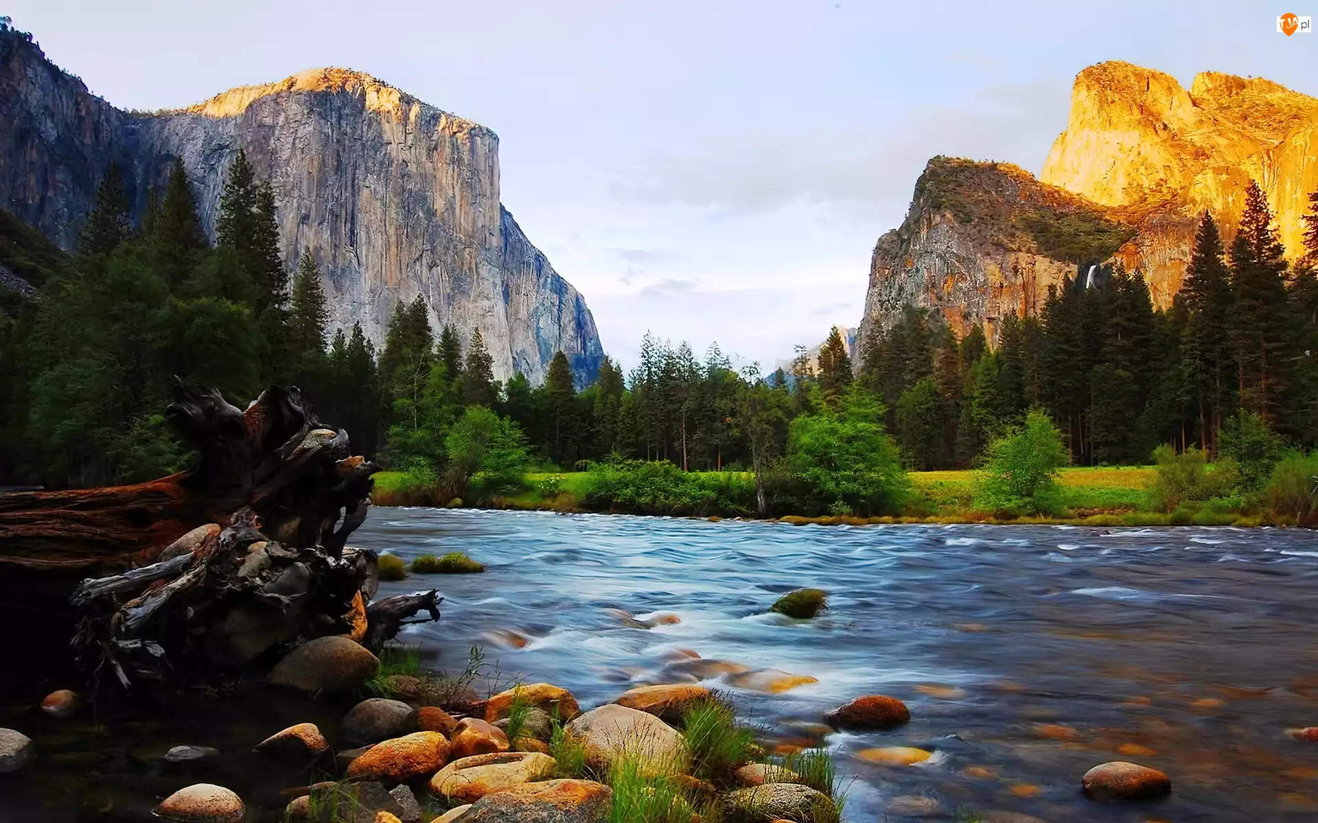 Rzeka, Stany Zjednoczone, Góry, Kamienie, Stan Kalifornia, Las, Szczyt El Capitan, Park Narodowy Yosemite