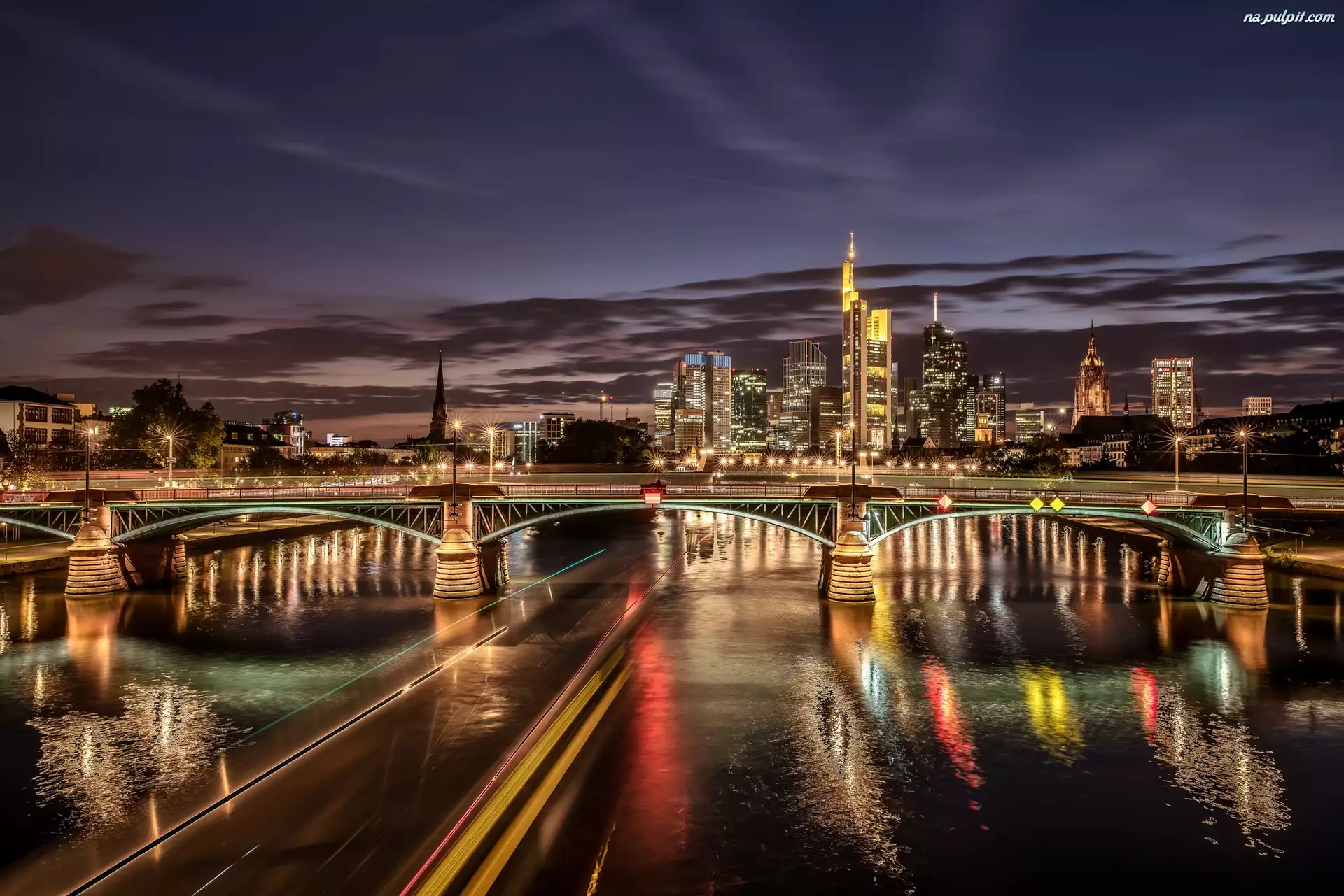 Frankfurt, Niemcy, Most, Noc, Rzeka, Miasto
