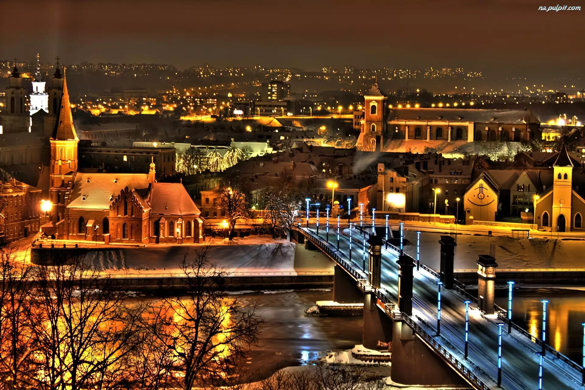 Miasto, Most, Kowno, Litwa, Noc