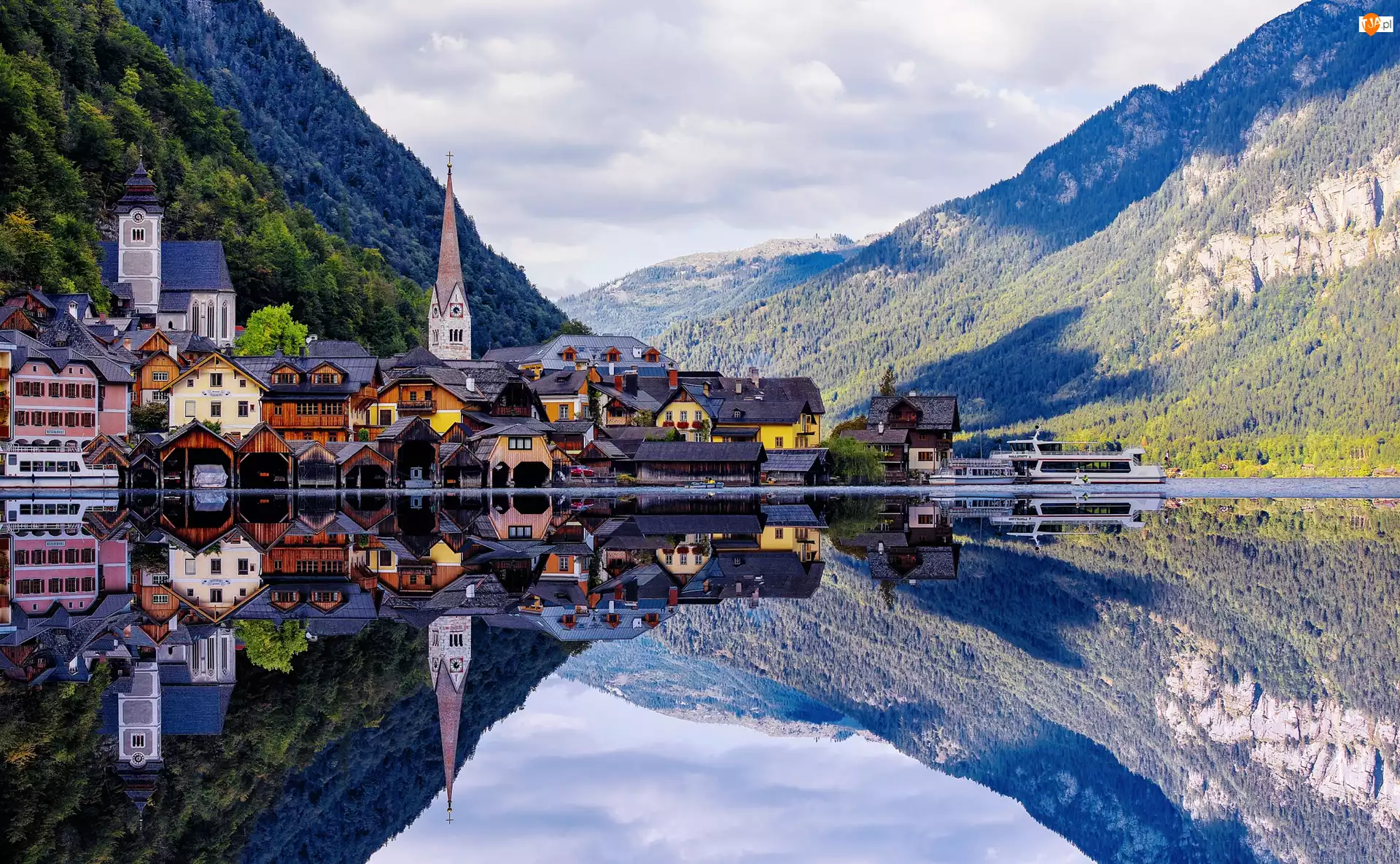 Odbicie, Hallstatt, Jezioro, Austria, Góry Alpy