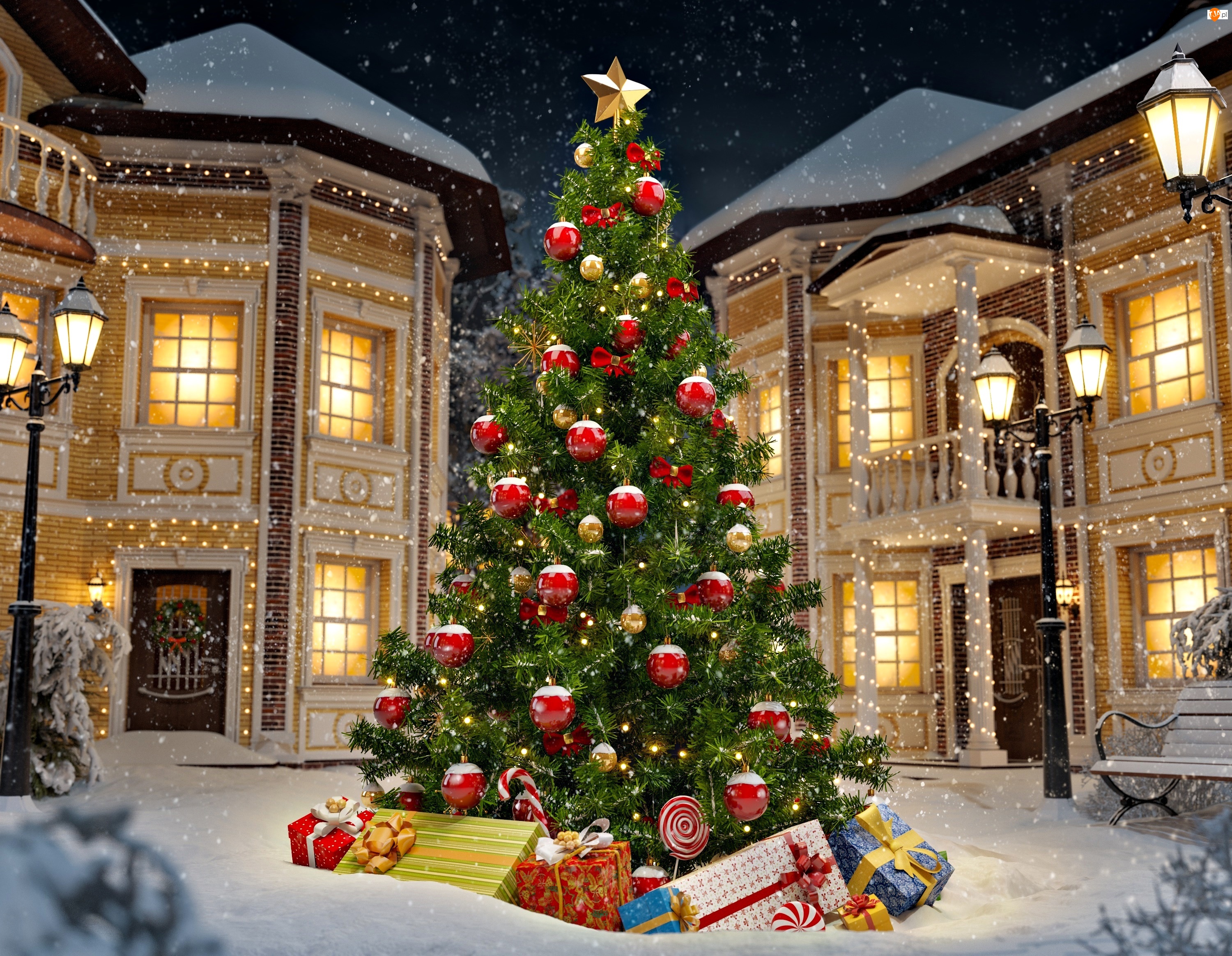Domy, Boże Narodzenie, Choinka, Zima