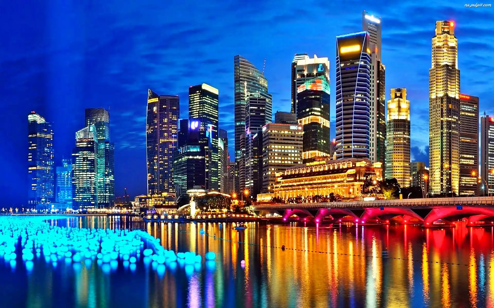 Most, Miasto, Drapacze, Nocą, Chmur, Singapur