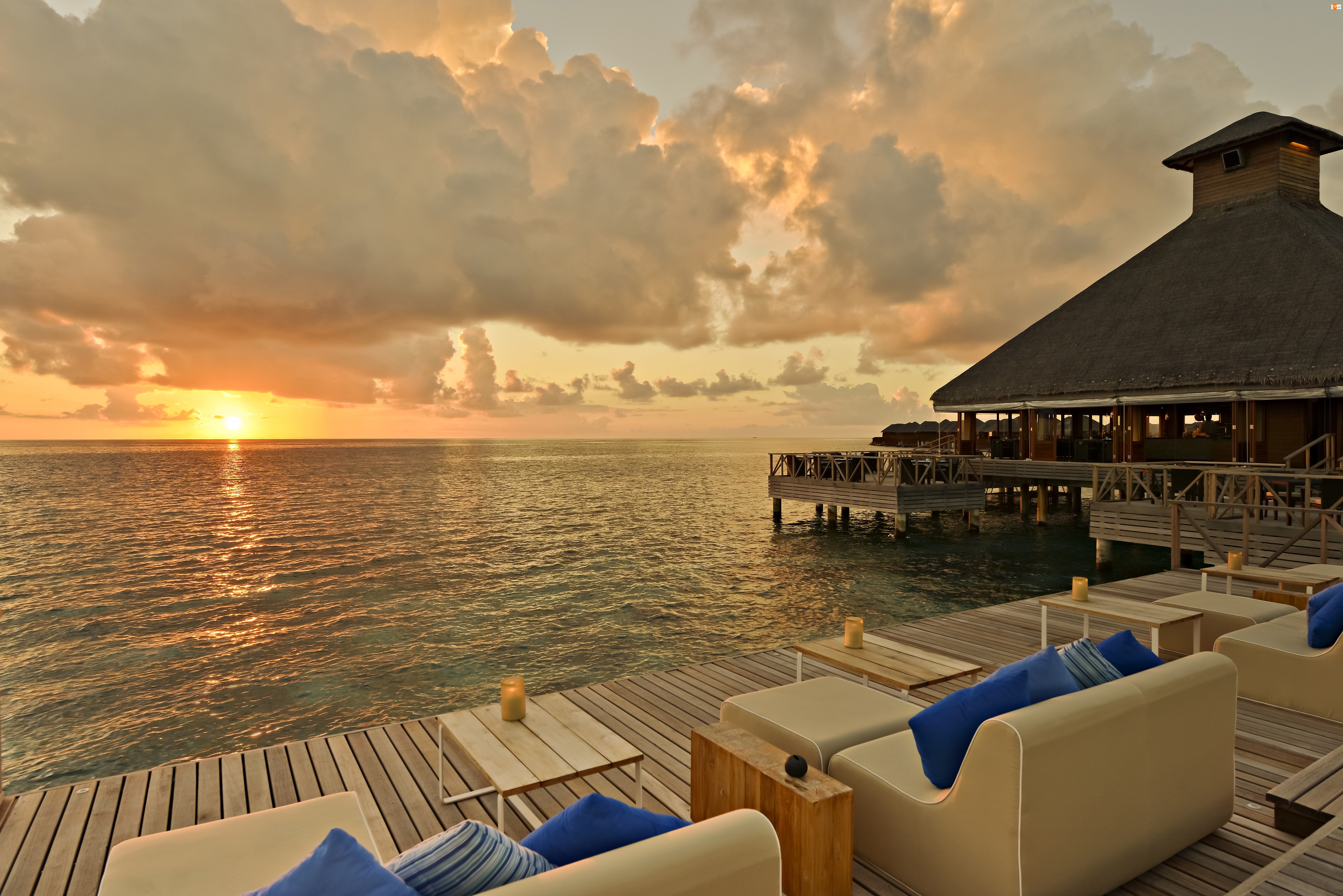 Ocean, Malediwy, Zmierzch, Zachód słońca, Ośrodek