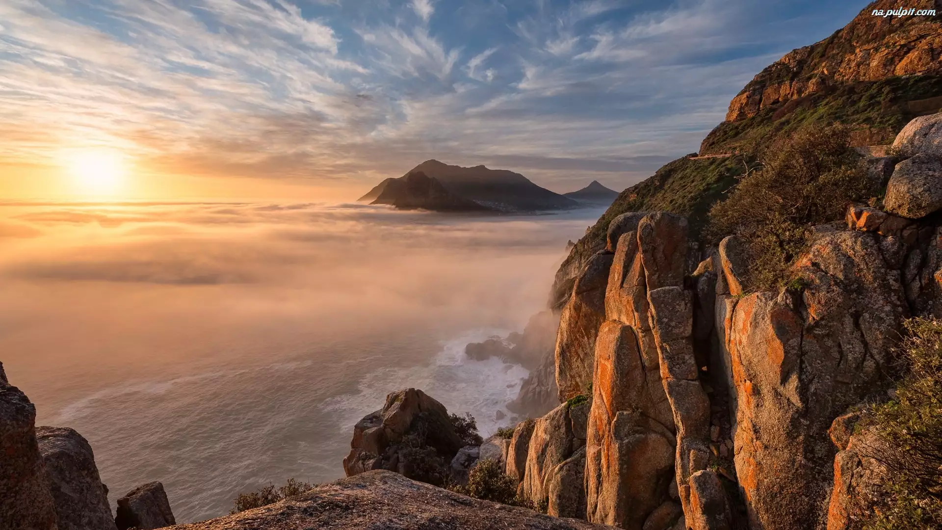Zachód słońca, Republika Południowej Afryki, Skały, Morze, Góra Chapmans Peak