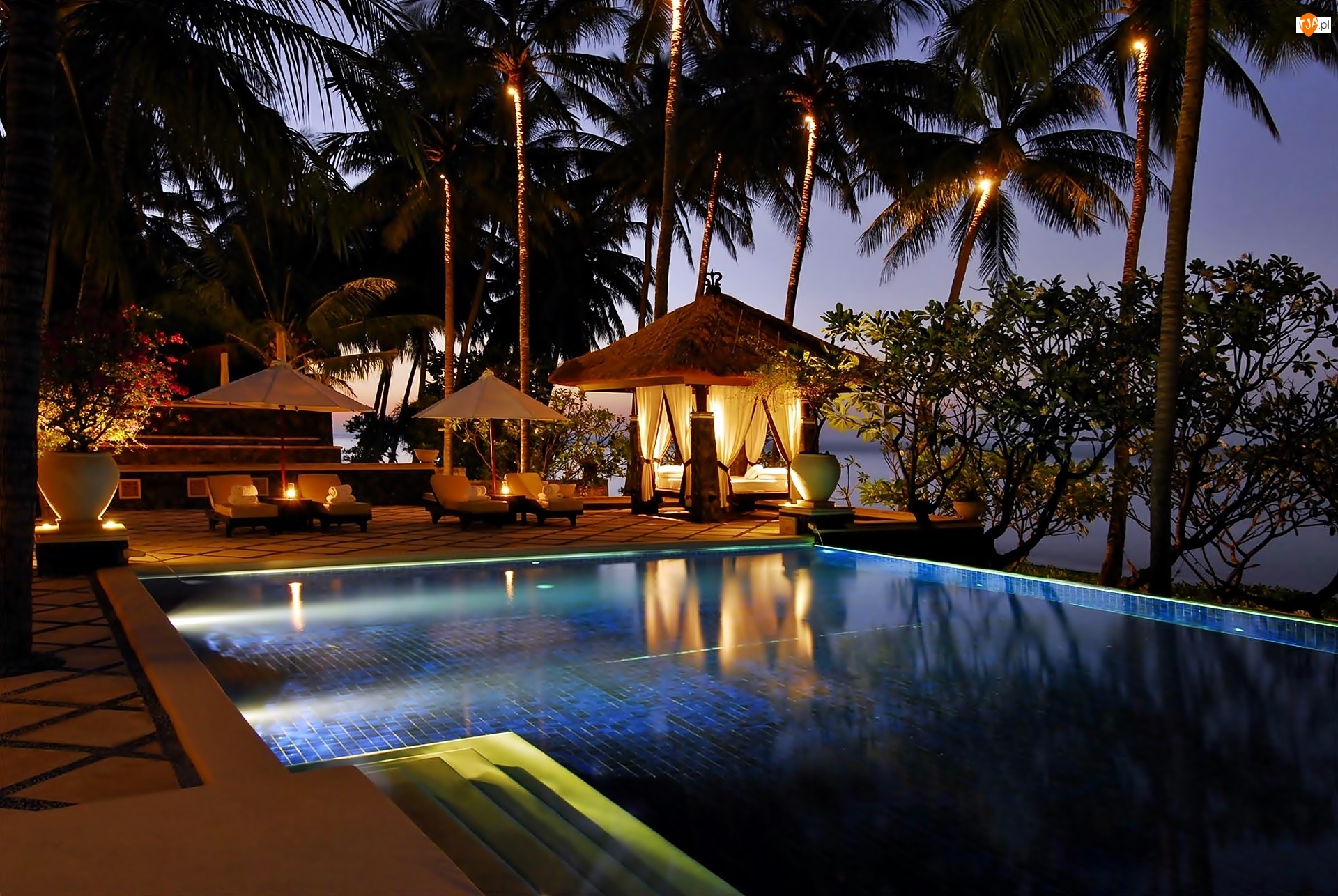 Palmy, Bali, Basen, Hotel, Noc