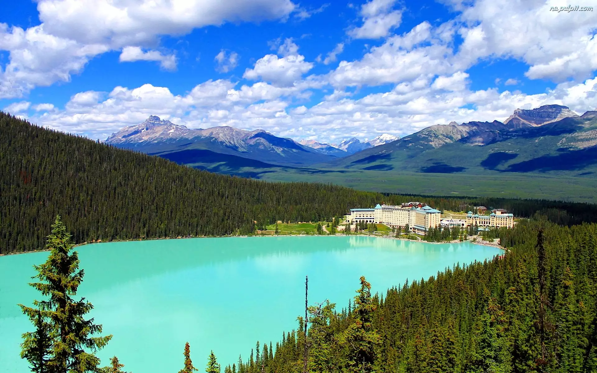 Alberta, Park Narodowy Banff, Hotel Fairmont Chateau Lake Louise, Kanada, Lasy, Góry, Jezioro Louise