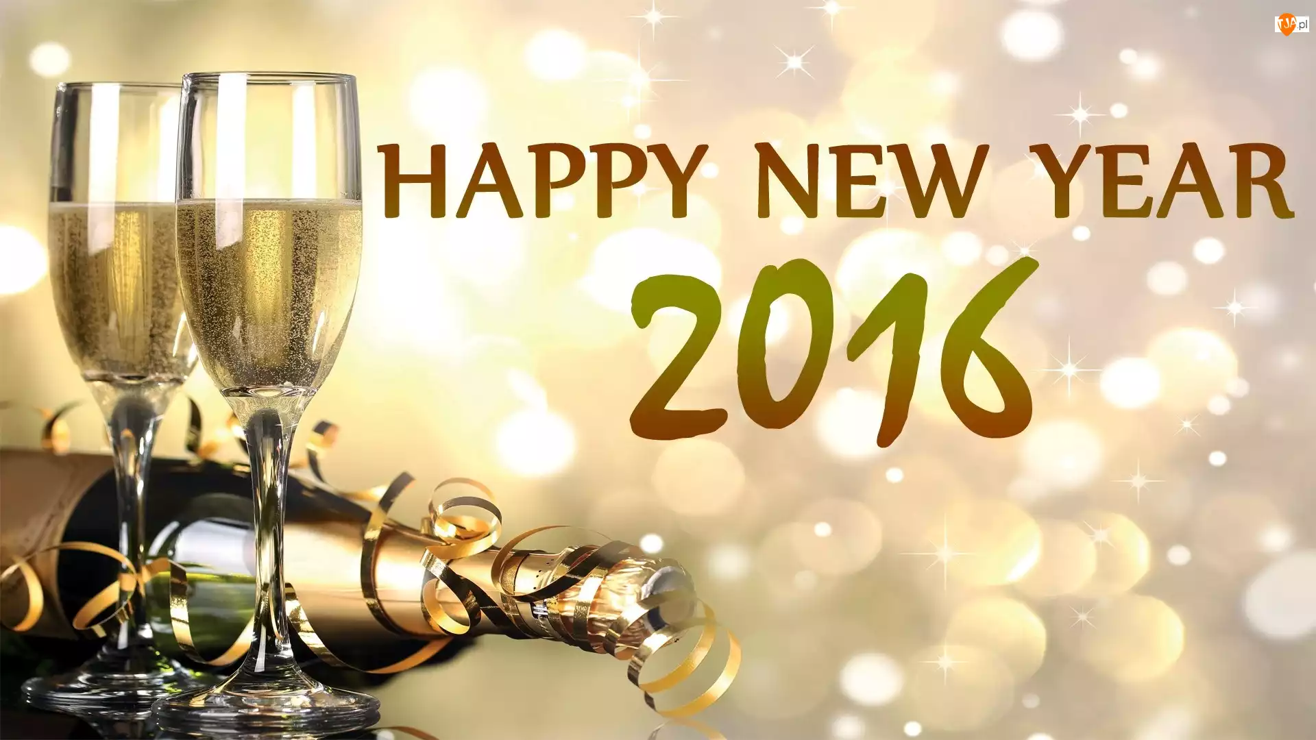 Happy, New, Kieliszki, 2016, Szampan, Bokeh, Napis, Year