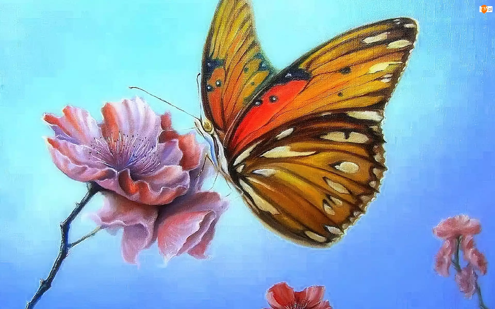 Kwiat, Malarstwo, Motyl, Obraz, Motylek