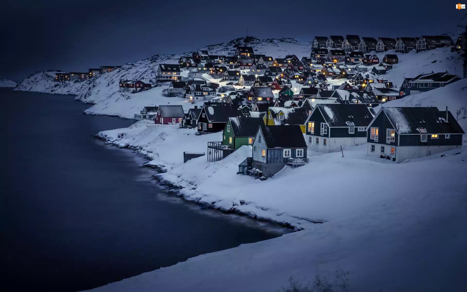 Wybrzeże, Noc, Miasteczko, Zima, Góry, Norwegia