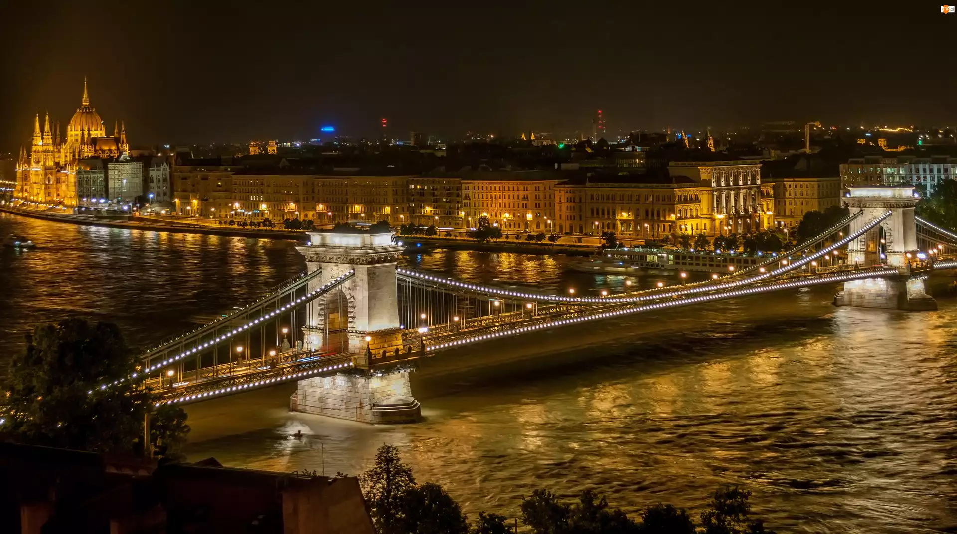 Miasto, Most, Węgry, Rzeka, Budapeszt, Noc