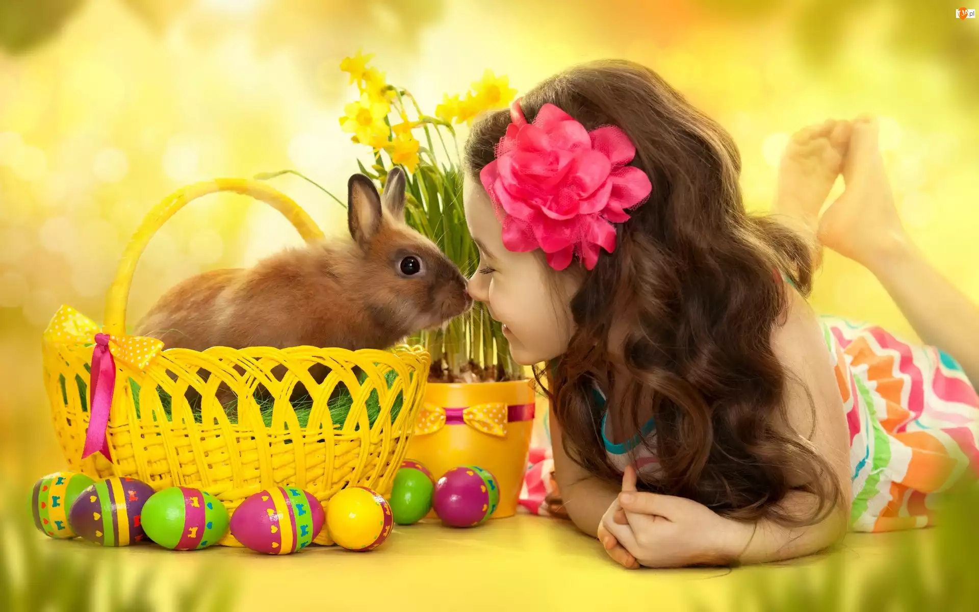 Koszyk, Kwiaty, Dziewczynka, Wielkanoc, Królik, Jajka