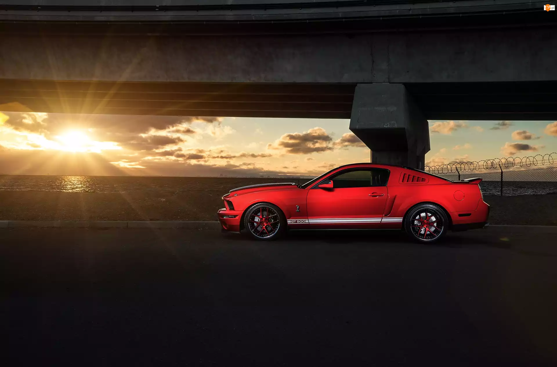 Czerwony, Słońce, Ford Mustang GT500, Promienie