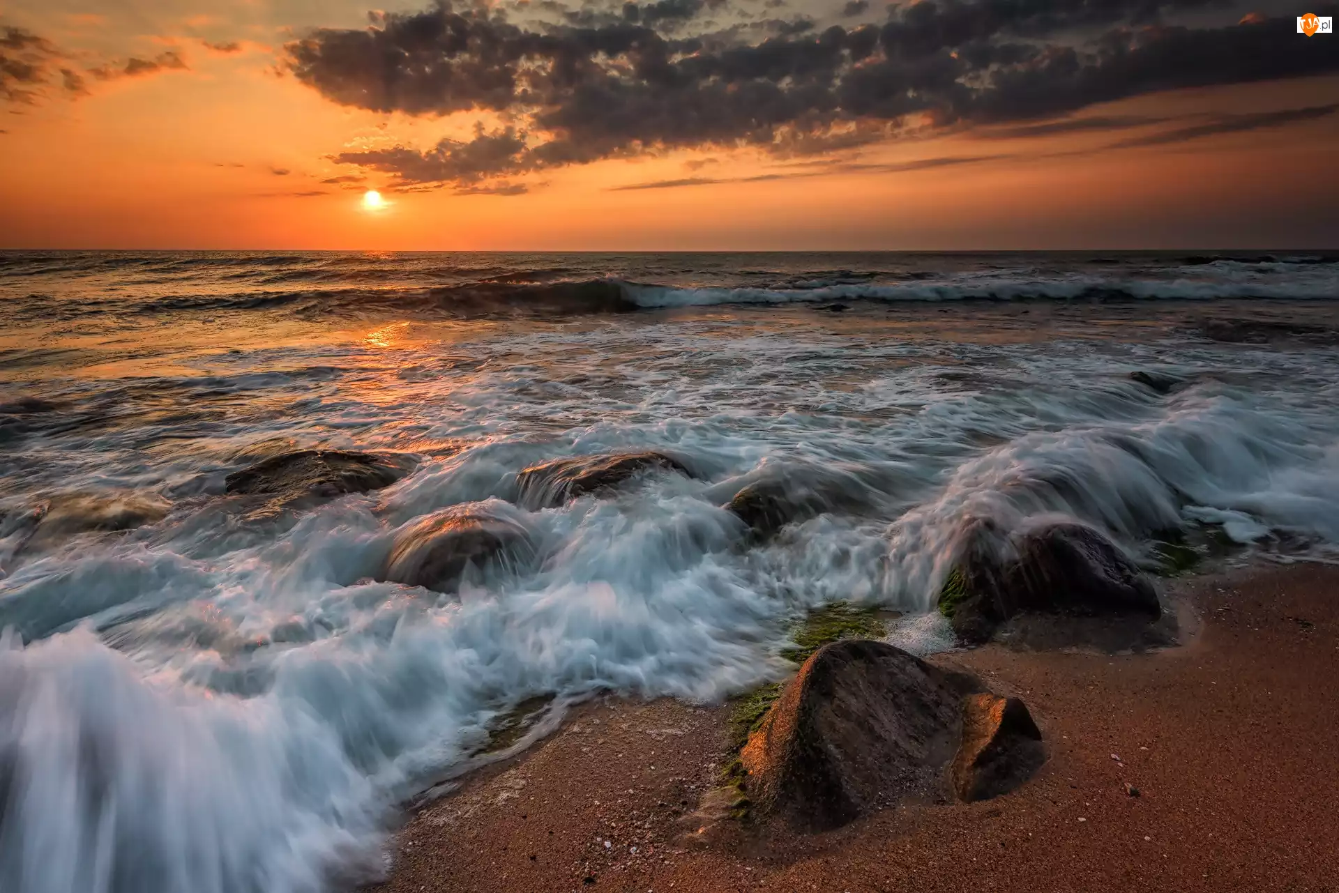 Kamienie, Zachód słońca, Morze
