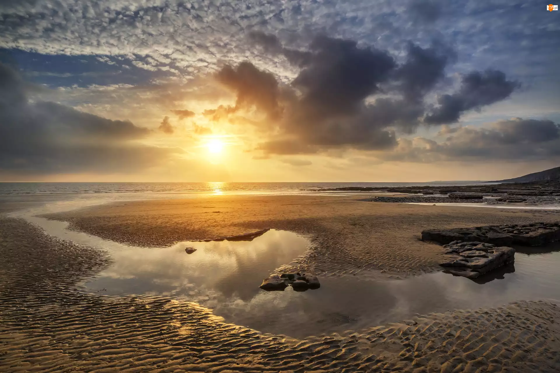 Plaża Dunraven Bay, Zachód słońca, Walia, Morze