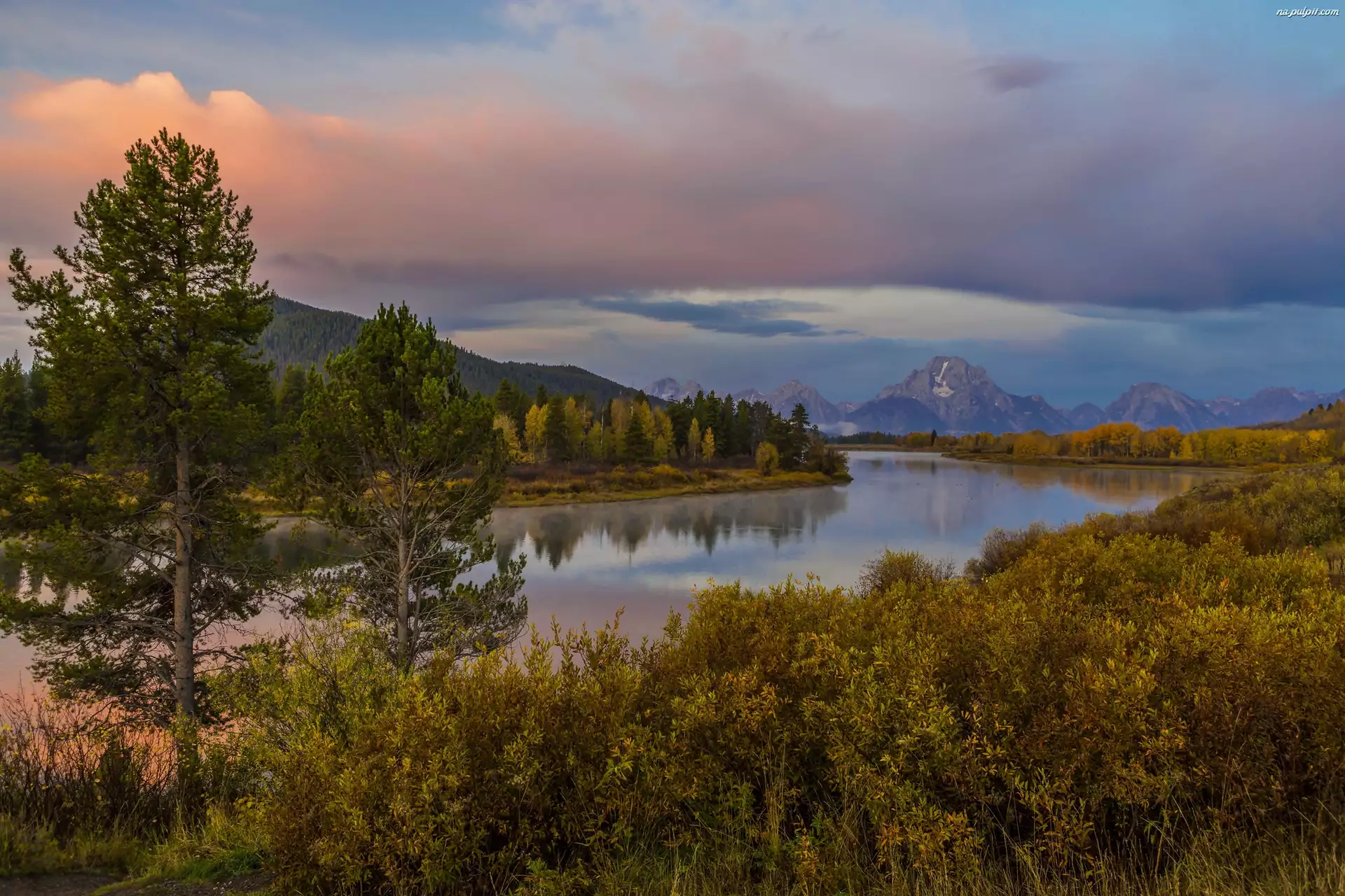 Wyoming, Góry, Las, Rzeka, Grand Teton