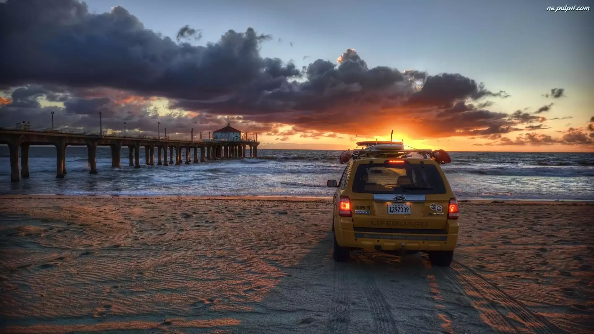 Chmury, Ford Escape Hybrid, Molo, Plaża, Zachód słońca