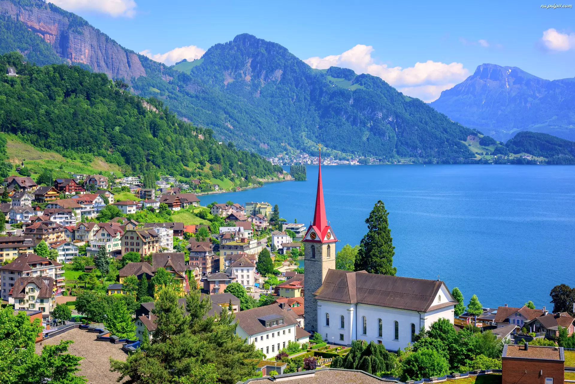 Kanton Lucerna, Jezioro Czterech Kantonów, Szwajcaria, Kościół, Weggis, Góry