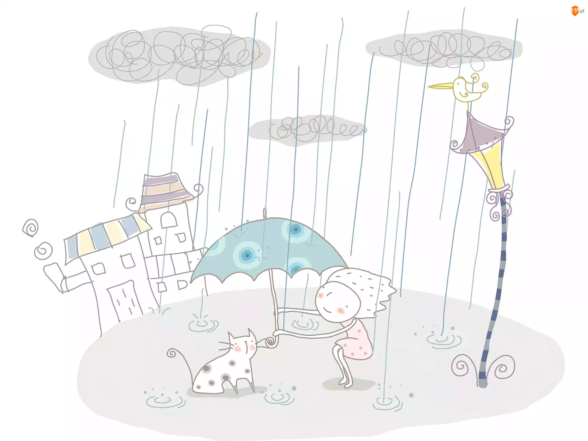 Parasol Dla dzieci, Dziewczynka, Deszcz, Kot