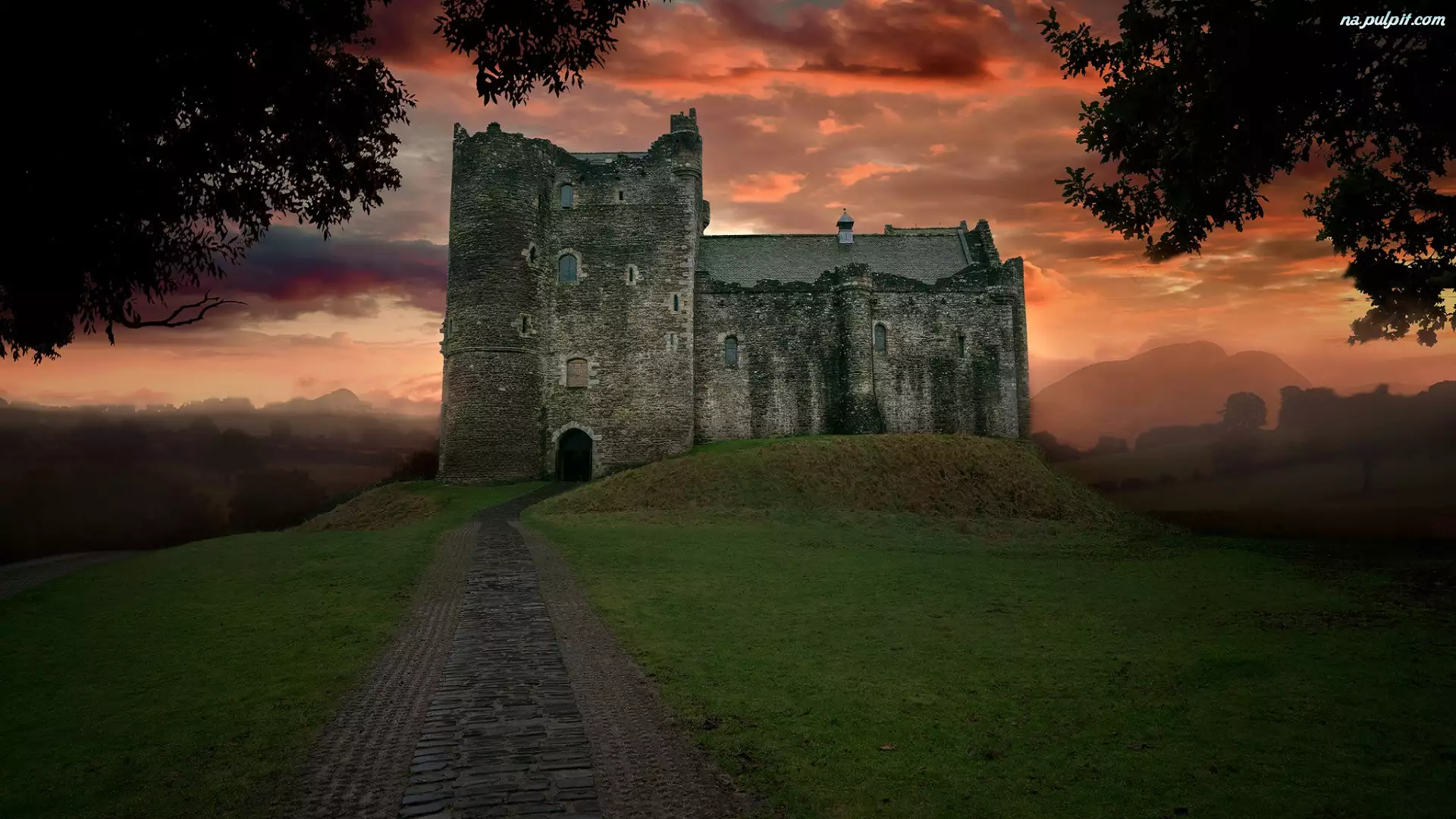 Szkocja, Zachód słońca, Wzgórze, Zamek Doune Castle