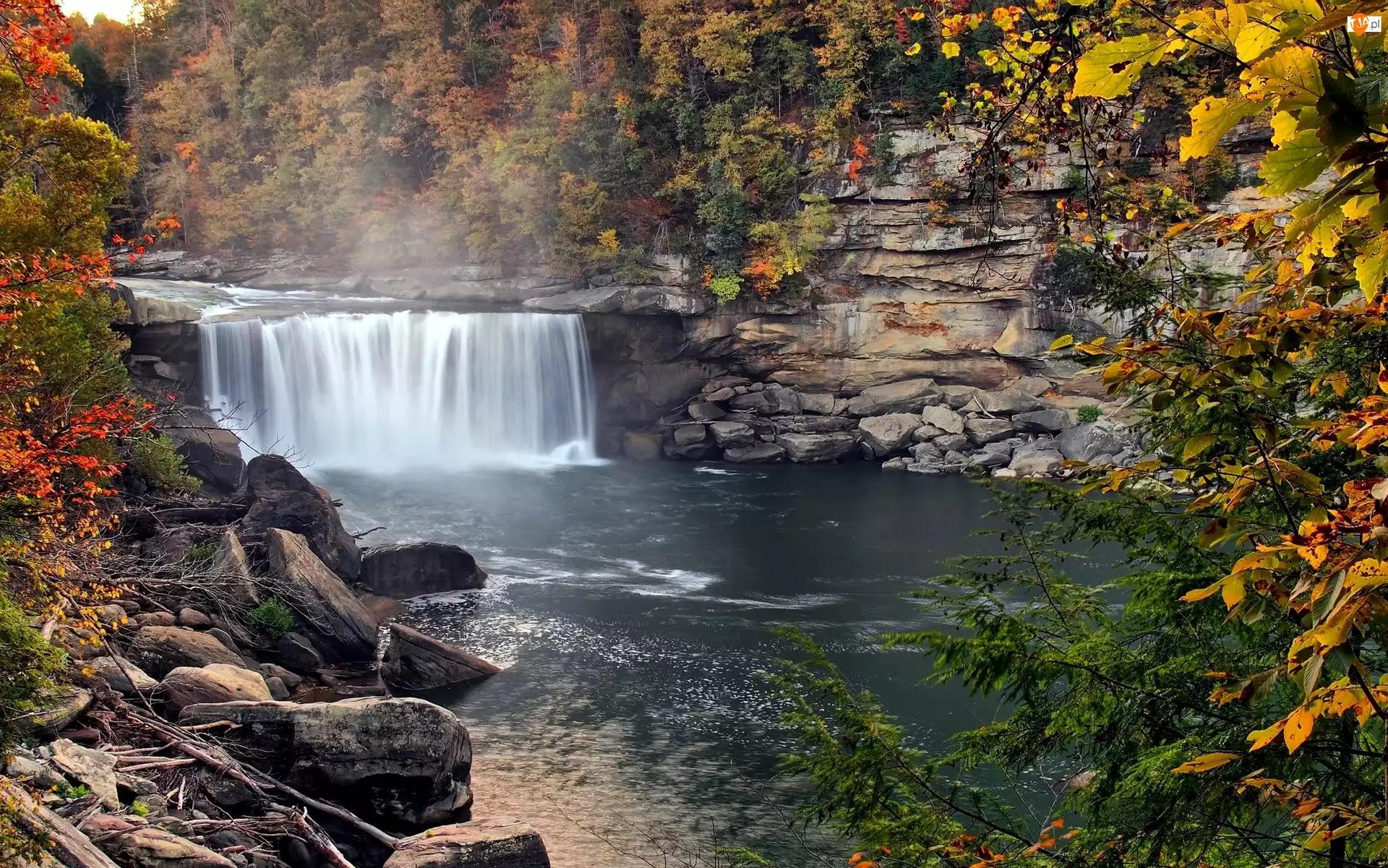 Wodospad Cumberland, Skały, Stan Kentucky, Drzewa, Stany Zjednoczone, Kamienie, Park Narodowy Cumberland Falls, Rzeka Cumberland