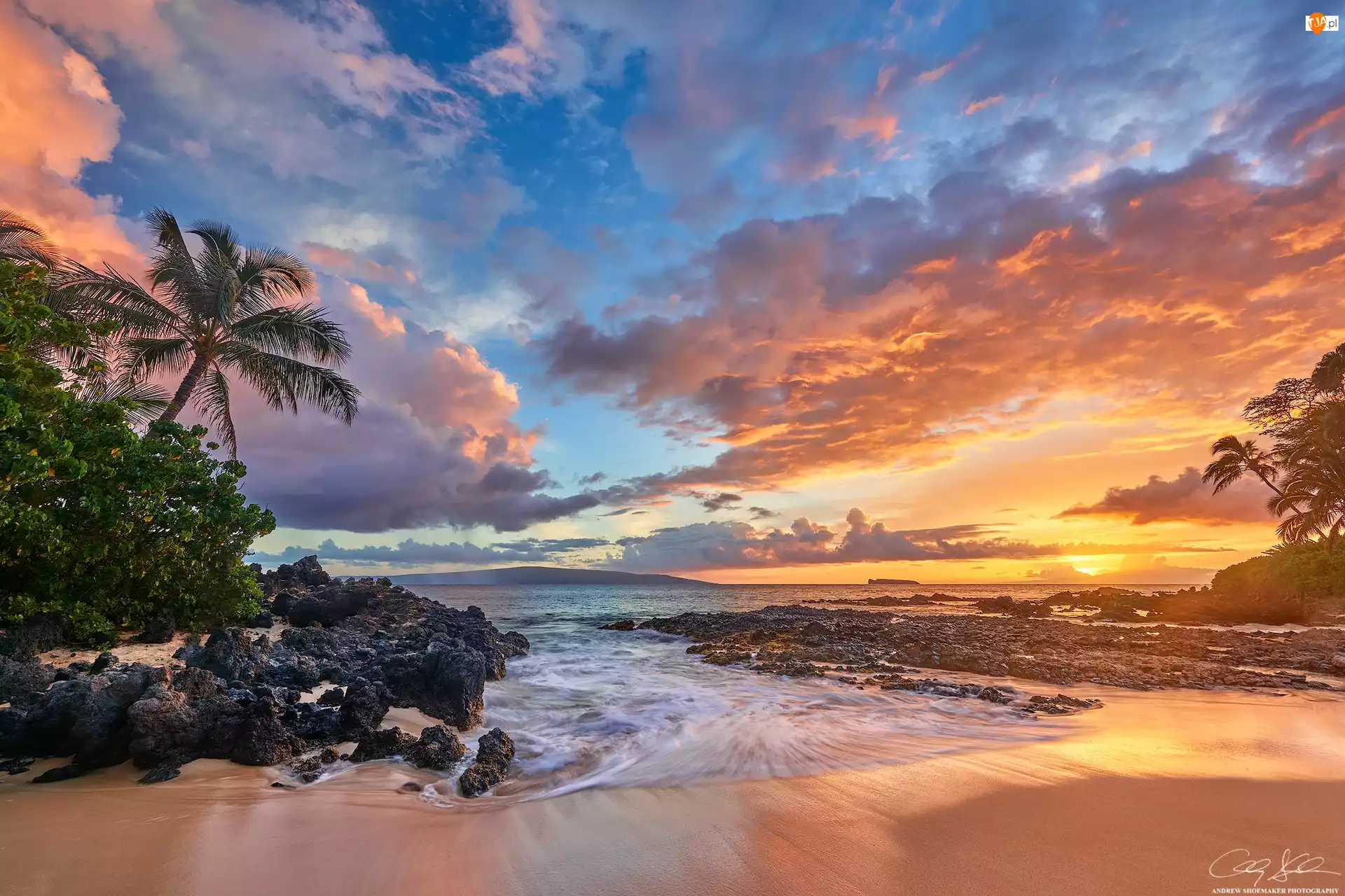 Morze, Palmy, Hawaje, Plaża, Wyspa Maui, Zachód słońca